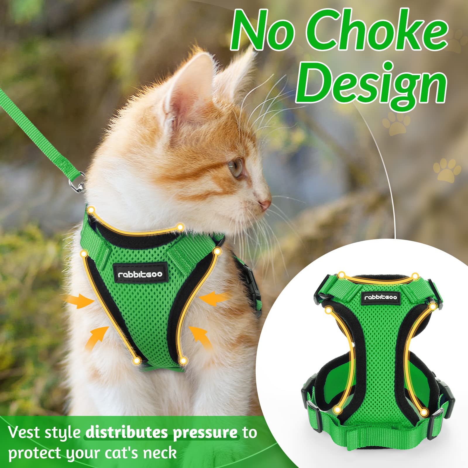 Rabbitgoo Cat Harness And Leash For Walking, Escape Proof Soft Adjustable Vest Harnesses For Cats, Easy Control Breathable Reflective Strips Jacket, Grass Green, Xs