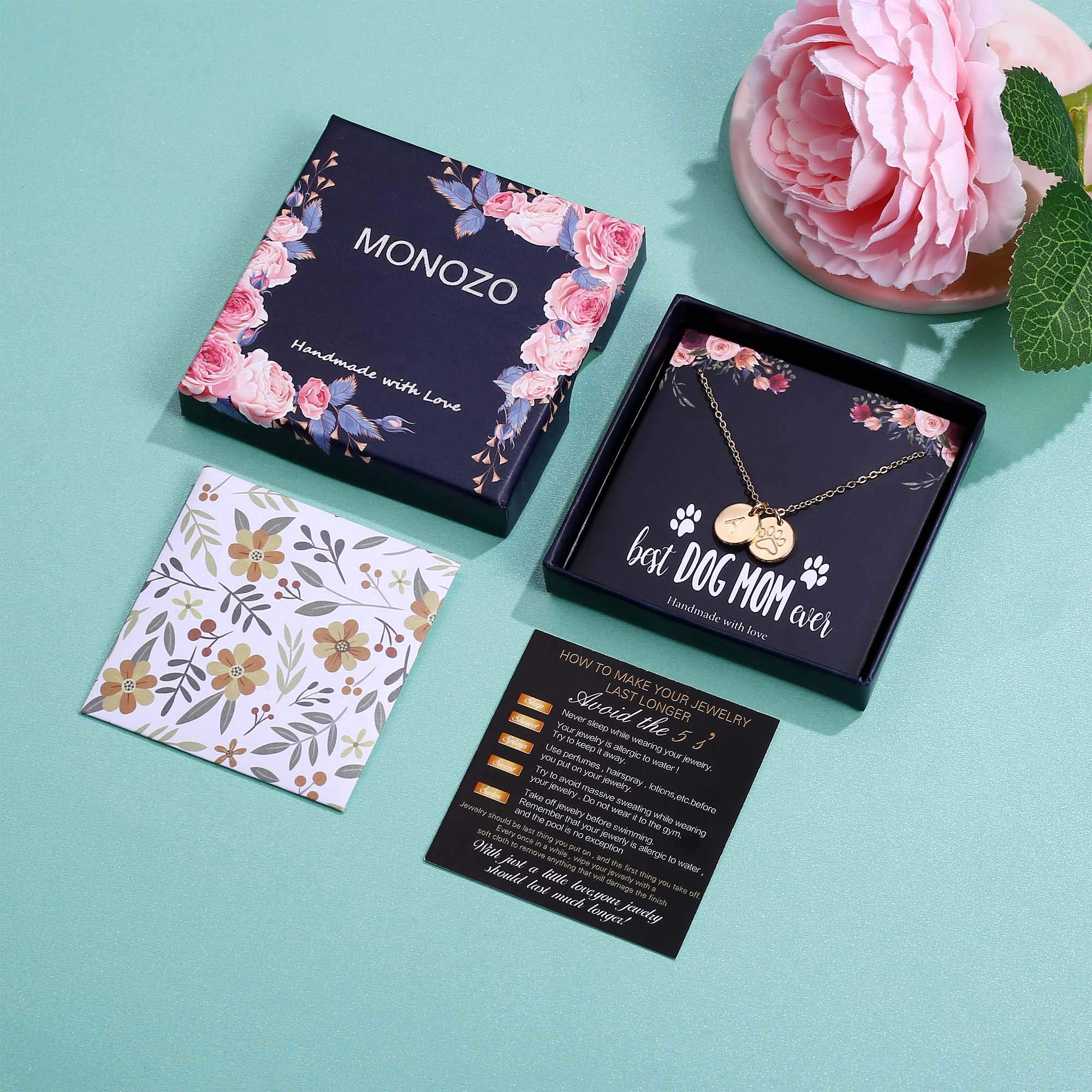 Monozo Gold Filled Dog Mom Gifts Necklace, 14K Metal, C Letter, Pet Paw Print Disc, Women'S Jewelry