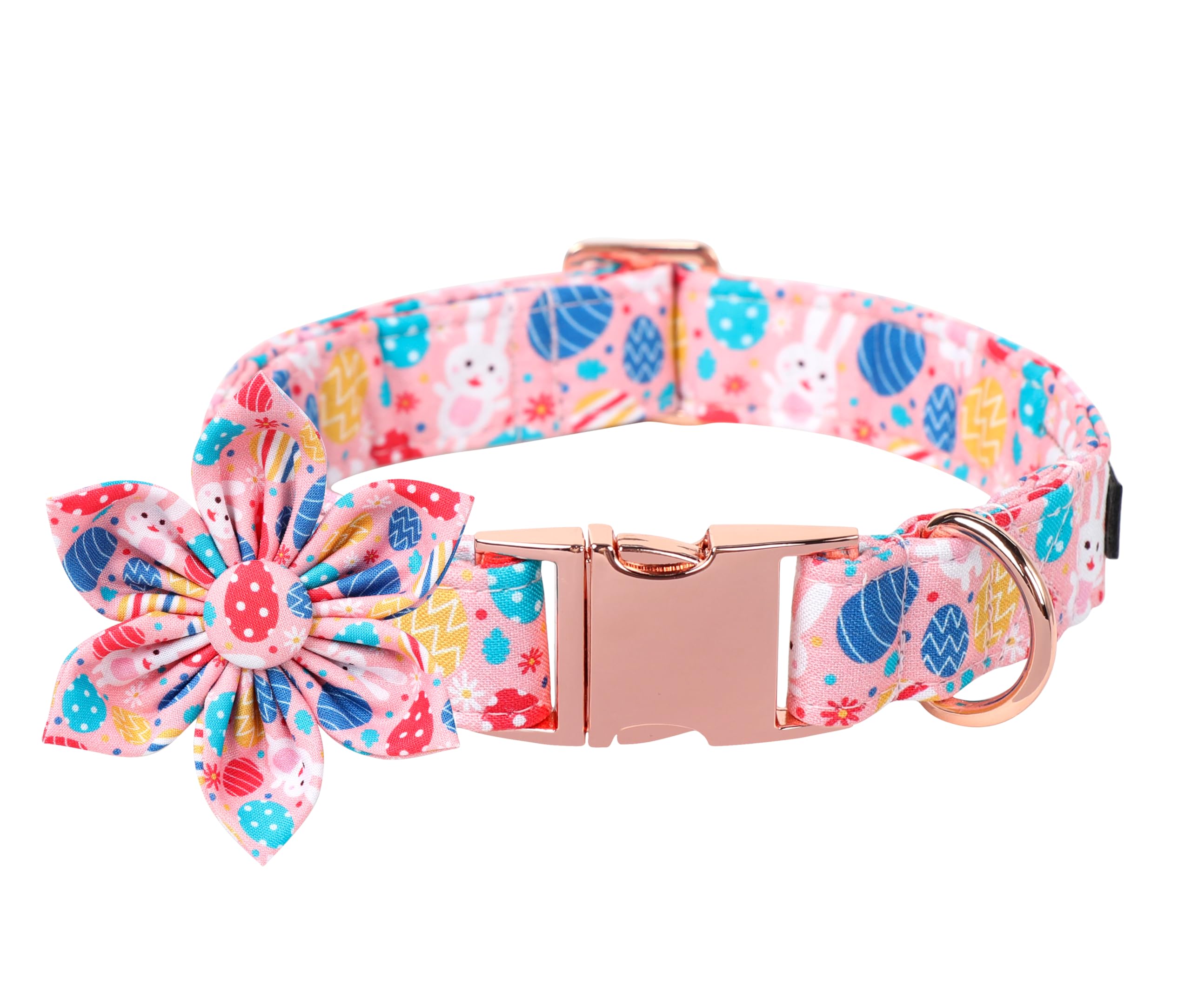 Lionet Paws Easter Dog Collar With Flower,Pink Dog Collar With Colorful Egg Flower For Girl Dogs, M, Neck 13.5-22 In
