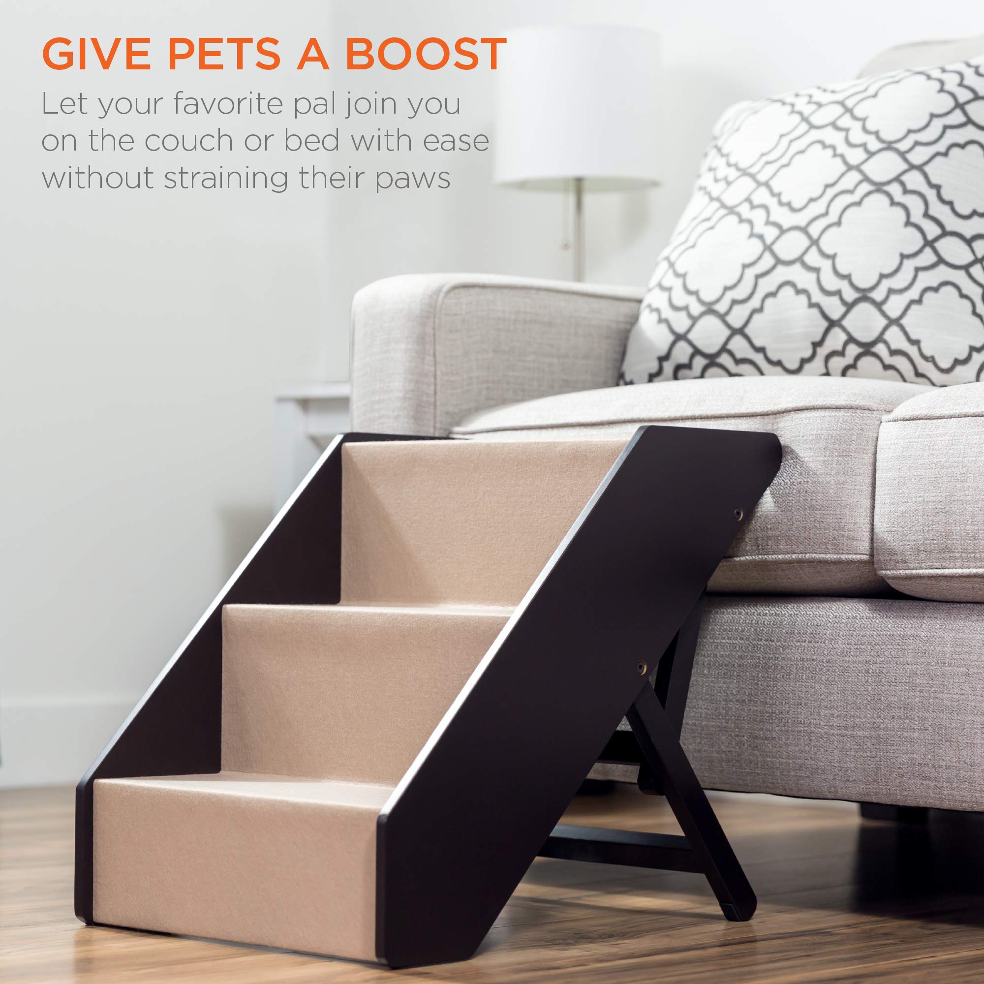 Best Choice Products 3-Step Foldable Adjustable, Non-Slip Wide Wooden Pet Stairs For Living Room, Bedroom, Dog & Cat Sizes Small, Medium, Large W/Carpet, No Assembly, Ideal For Injured, Elderly Pets
