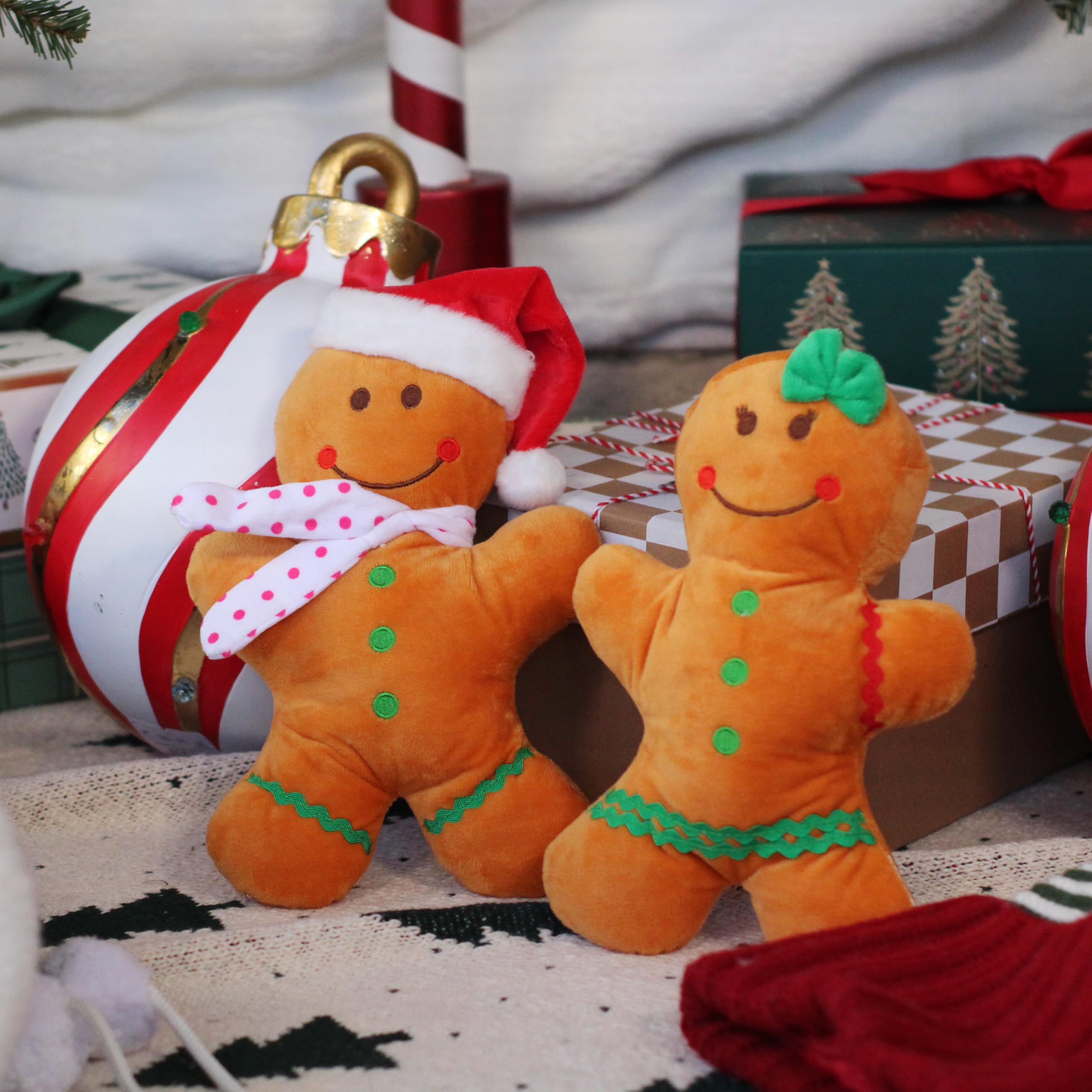 Holiday Plush Pet Toy Fun For Christmas Designs With Squeaker Dog Chew Toy (9'' Gingerbread 2 Pcs)
