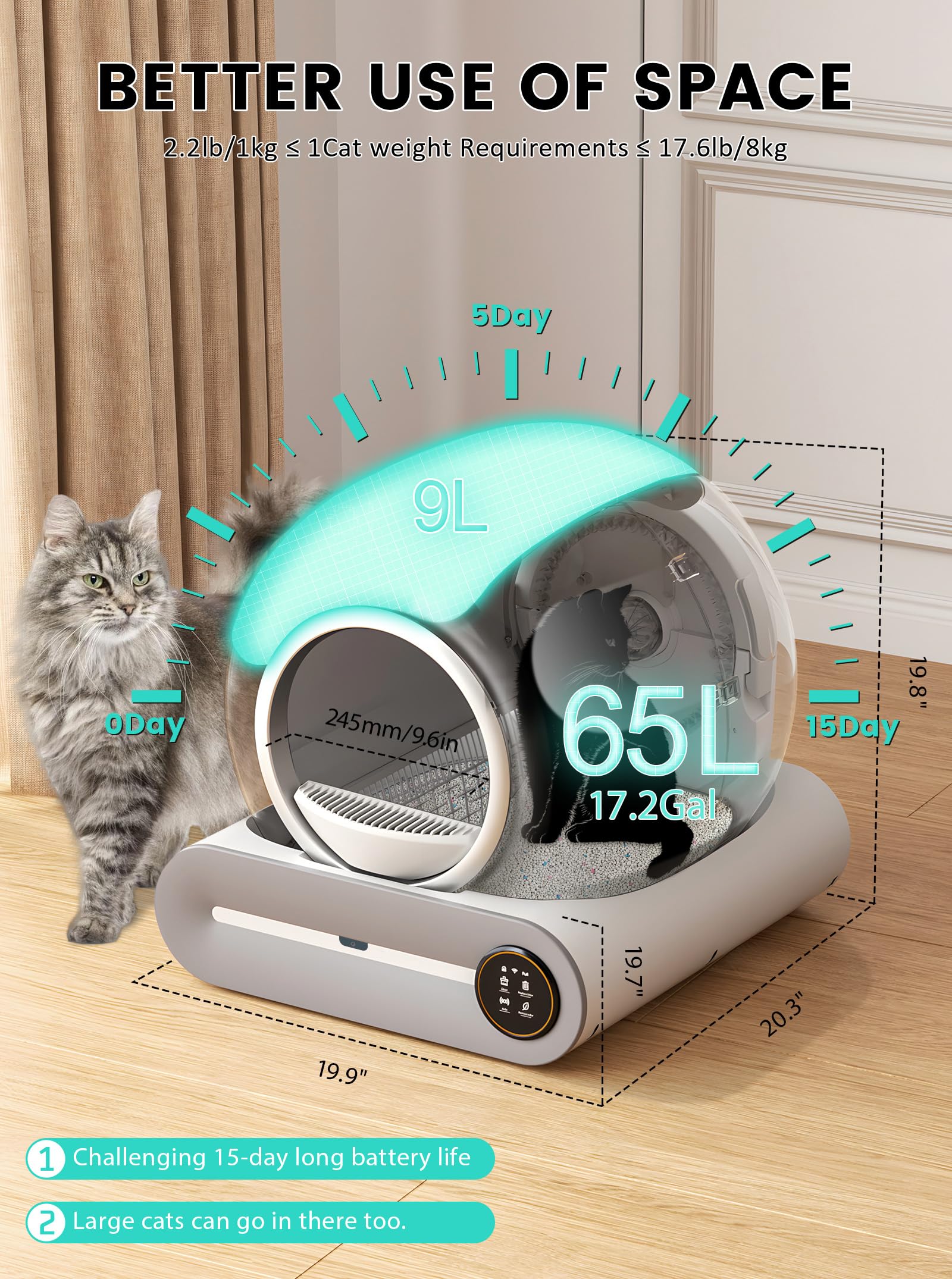 Automatic Litter Box, Upgraded Robot Self Cleaning Litter Box for Multiple Cats, 65L+9L Extra Large, Features Negative ion Steri