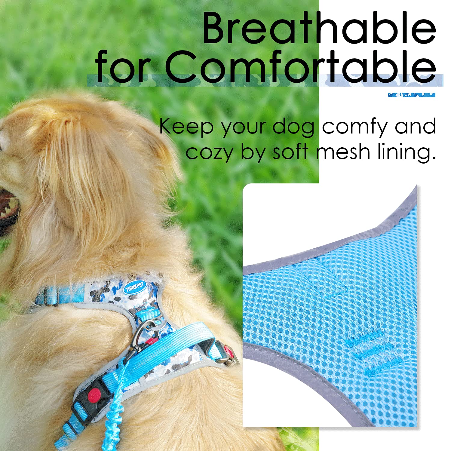 Thinkpet No Pull Harness Breathable Sport Harness With Handle-Dog Harnesses Reflective Adjustable For Medium Large Dogs,Back/Front Clip For Easy Control L Camouflage Blue
