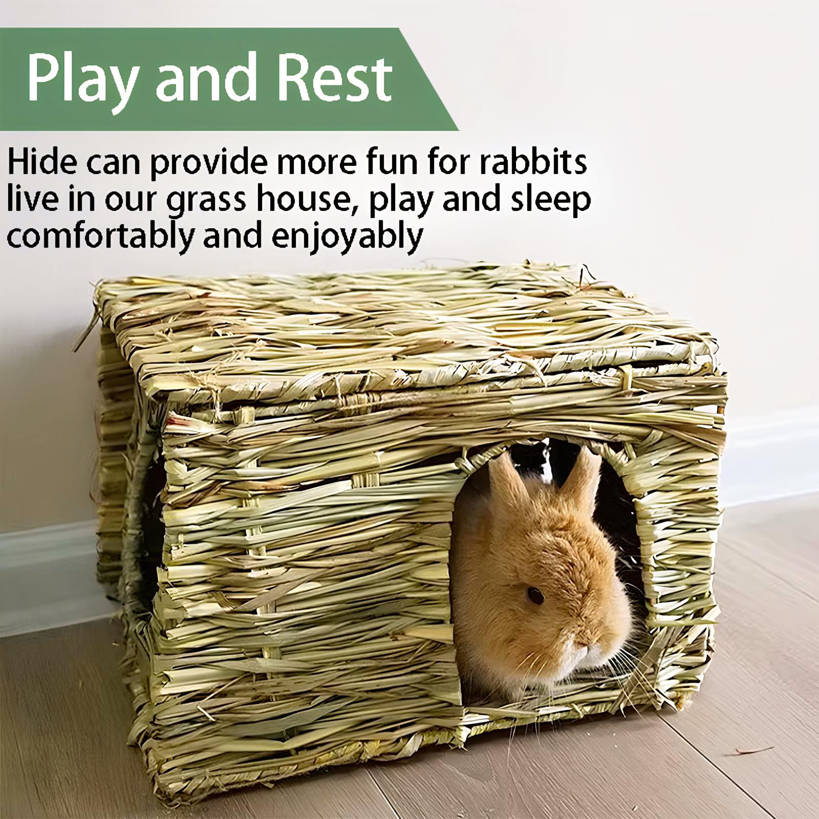 Wuweot 2 Pack Large Grass Bunny House, Foldable Woven Animal Hut, Play Hideaway Bed Hay Mat Chew Toy For Rabbit, Guinea Pigs, Ge