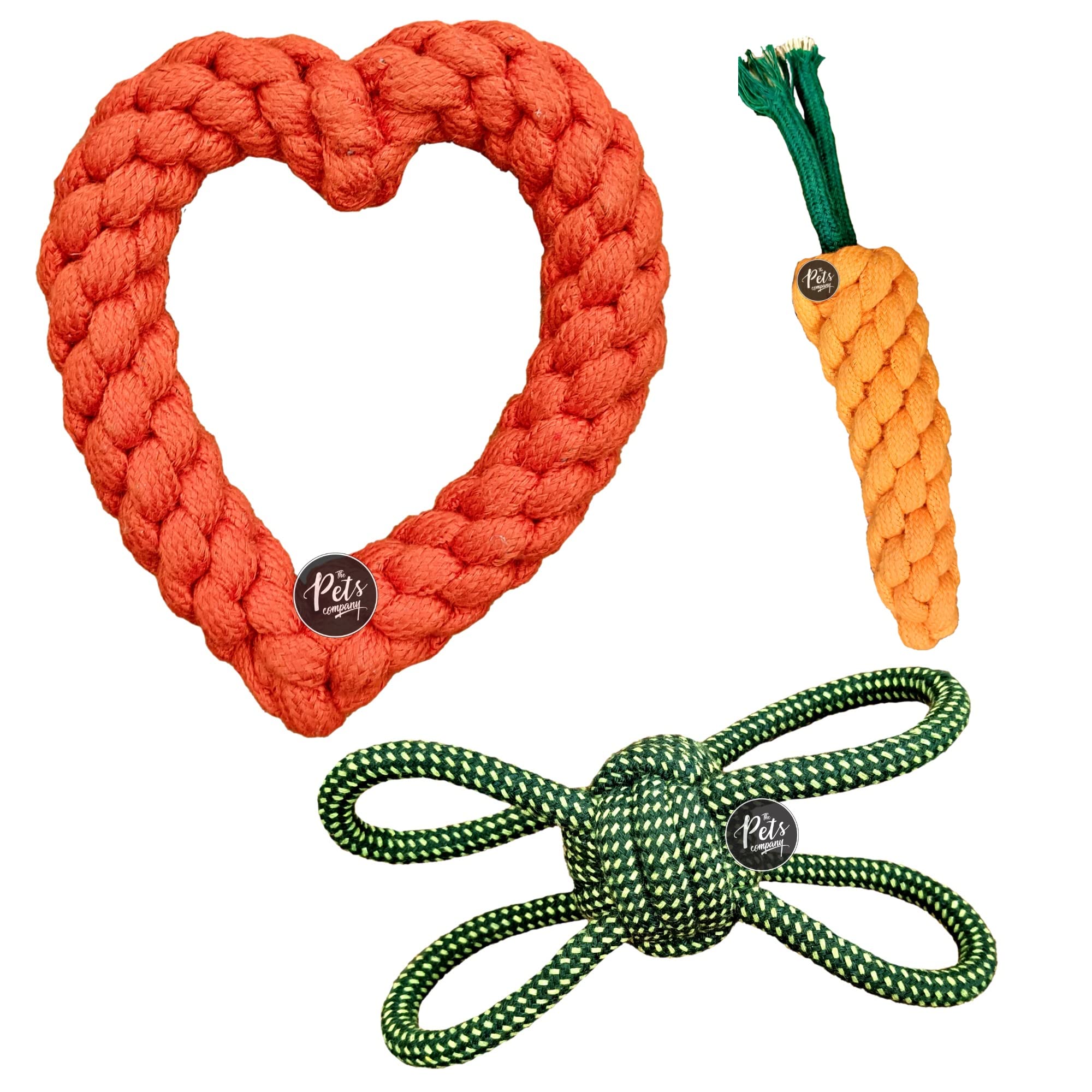 The Pets Company Christmas Dog Chew Toys For Puppy Teething & Training (Heart + Butterfly + Carrot), Dog Rope Toy Combo Of 3 For