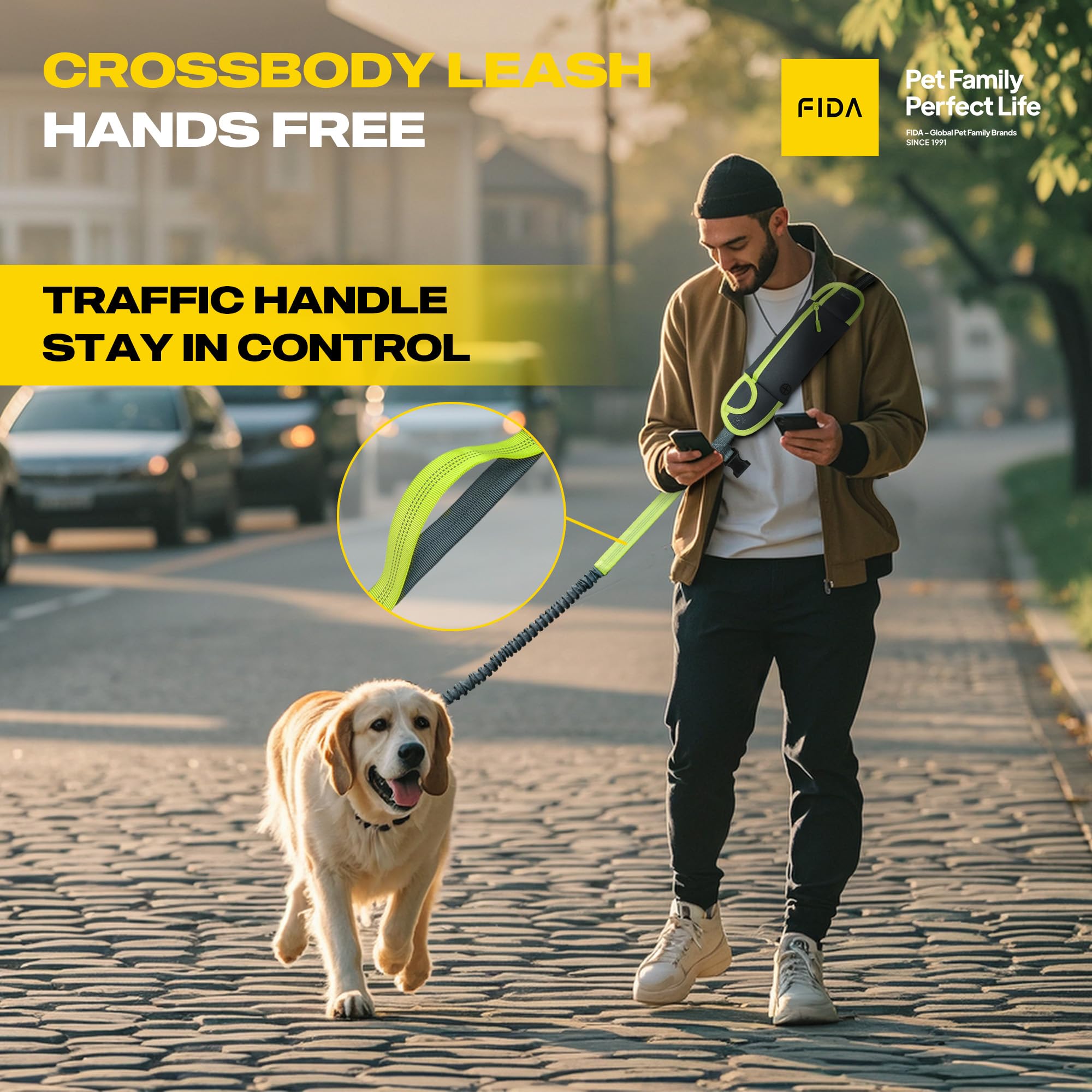 Fida 3-In-1 Hands Free Dog Leash With Zipper Pouch & Bungee, Reflective Crossbody Waist Running Leash For Dogs With Traffic Hand