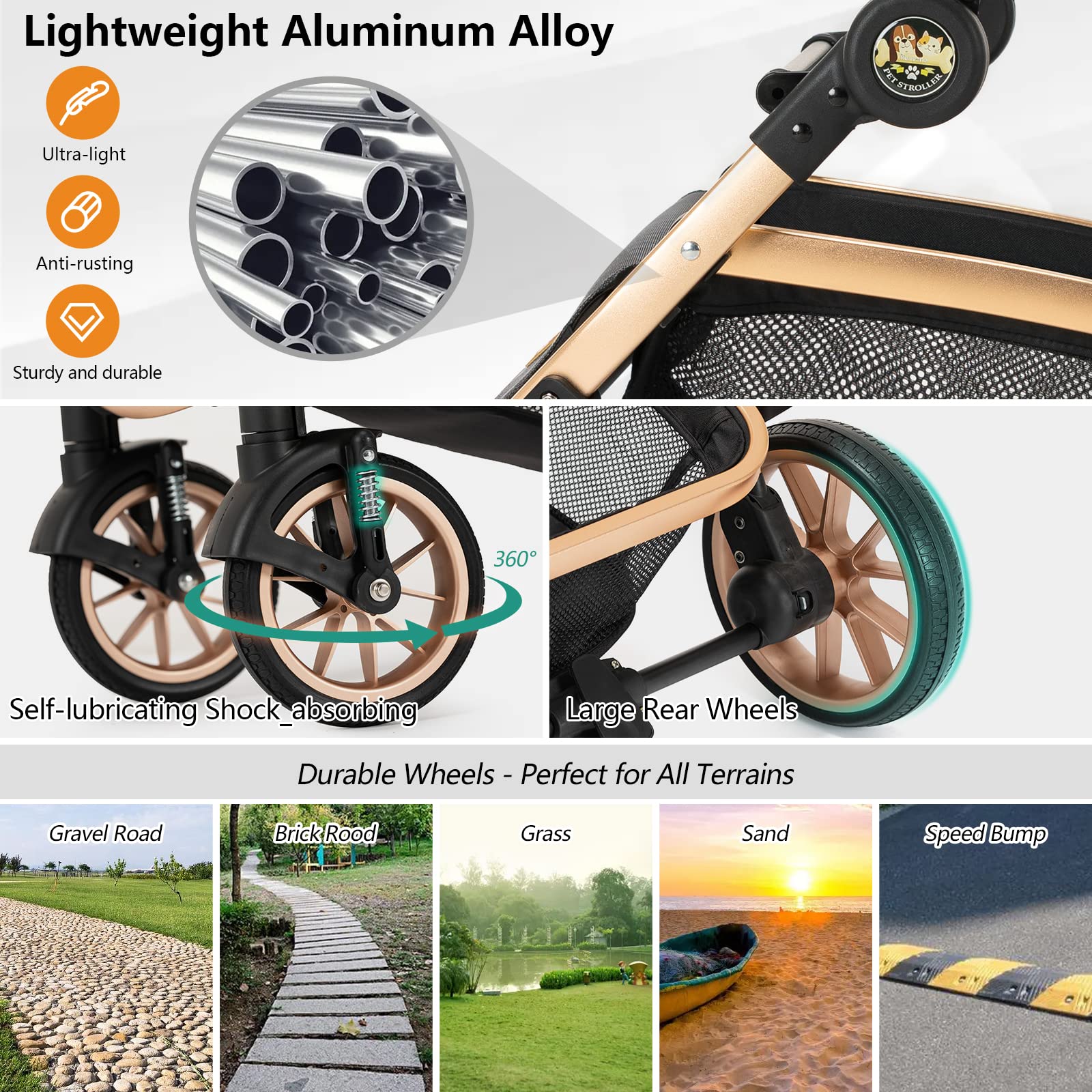 Kenyone Pet Stroller 3 In 1 For Medium Small Size Dogs Luxury Large Cat Stroller Detachable Carrier For Puppy, Kitty, Doggie (C5