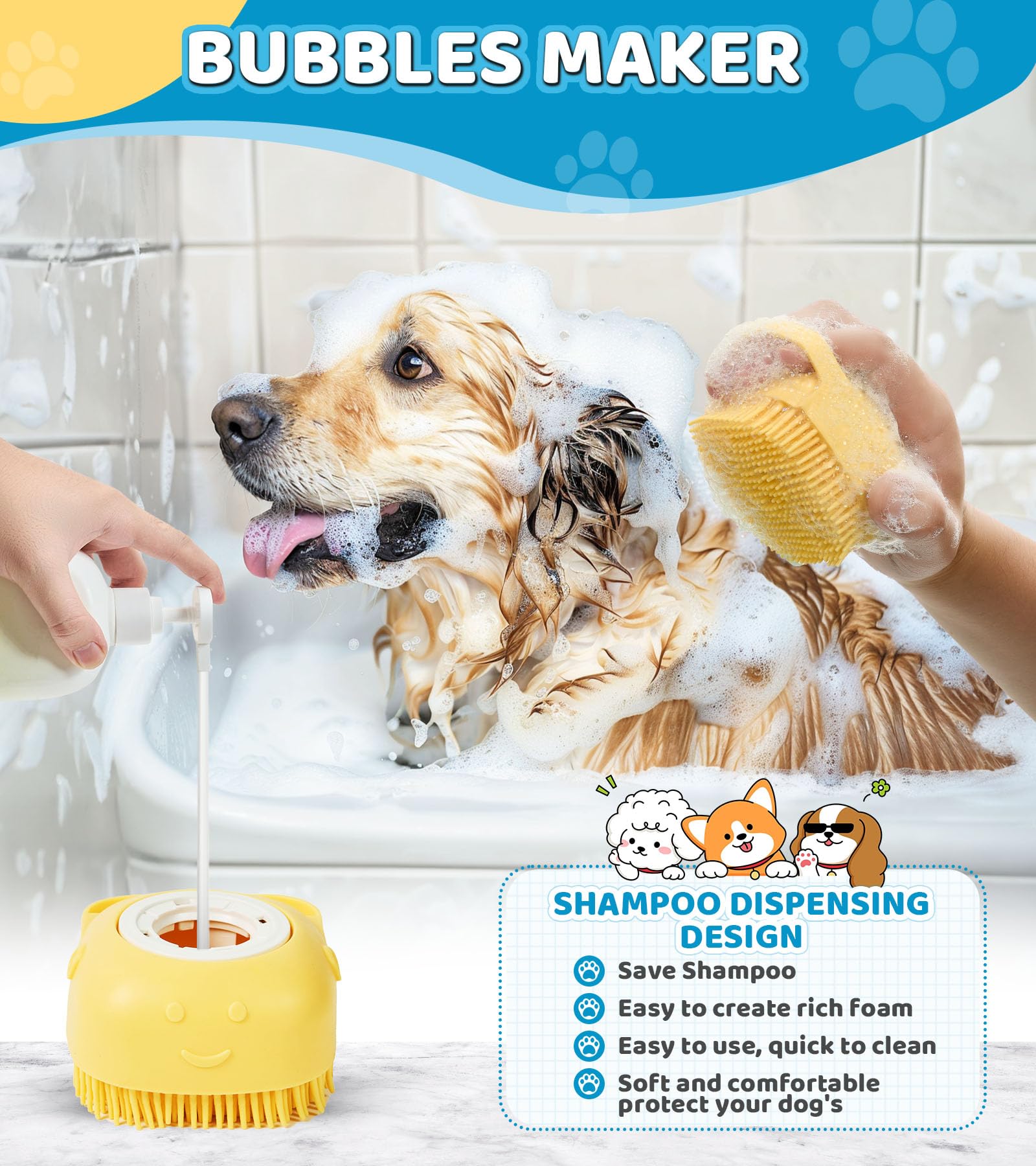 Robatun 4Pcs Dog Bath Brush Pet Shampoo Brush With Adjustable Ring Handle Soft Massage Dispenser Panda Shape Brush For Short Lon