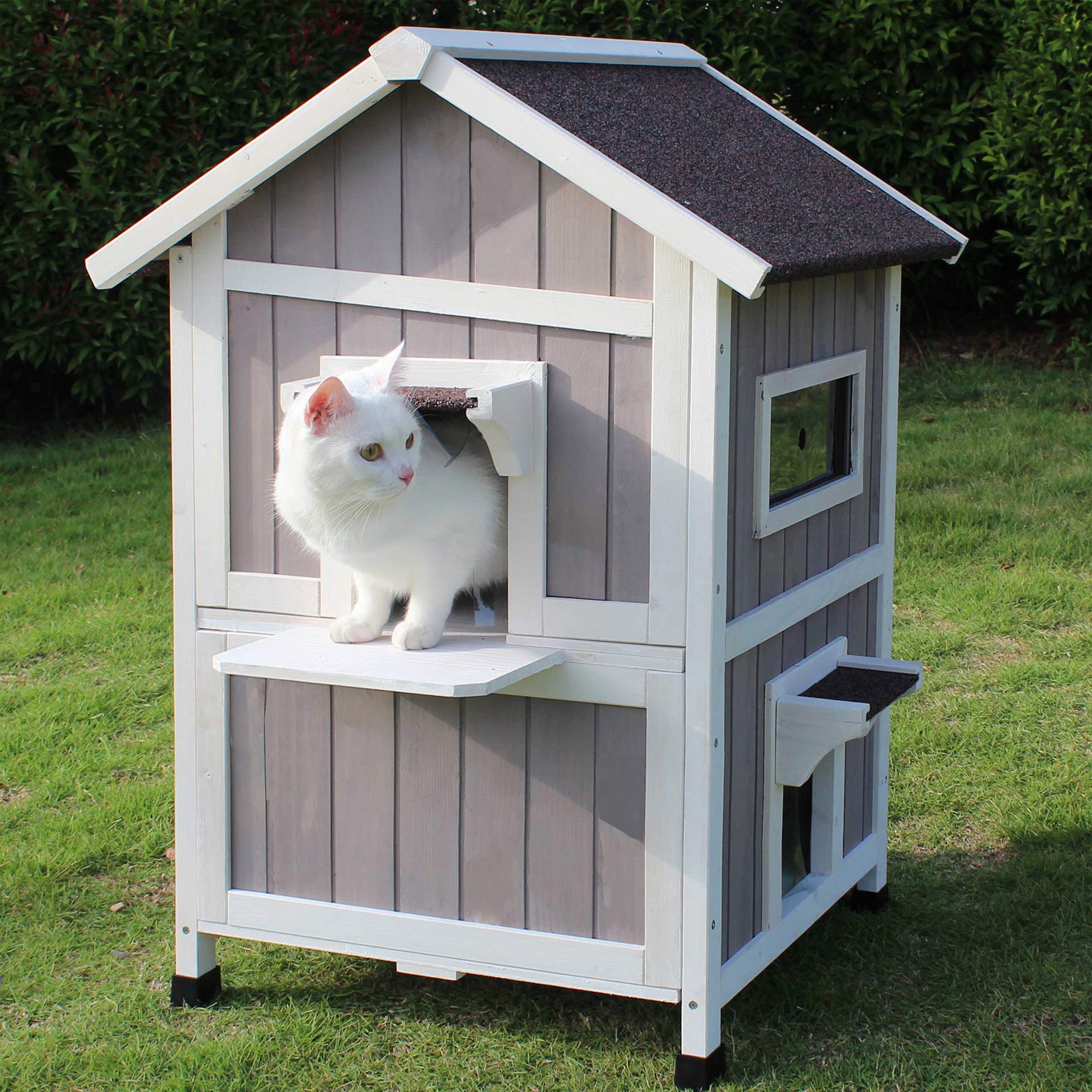 Feral Cat Shelter Outdoor With Escape Door Rainproof Outside Cat House Two Story For Three-Four Cats Color Wine Red