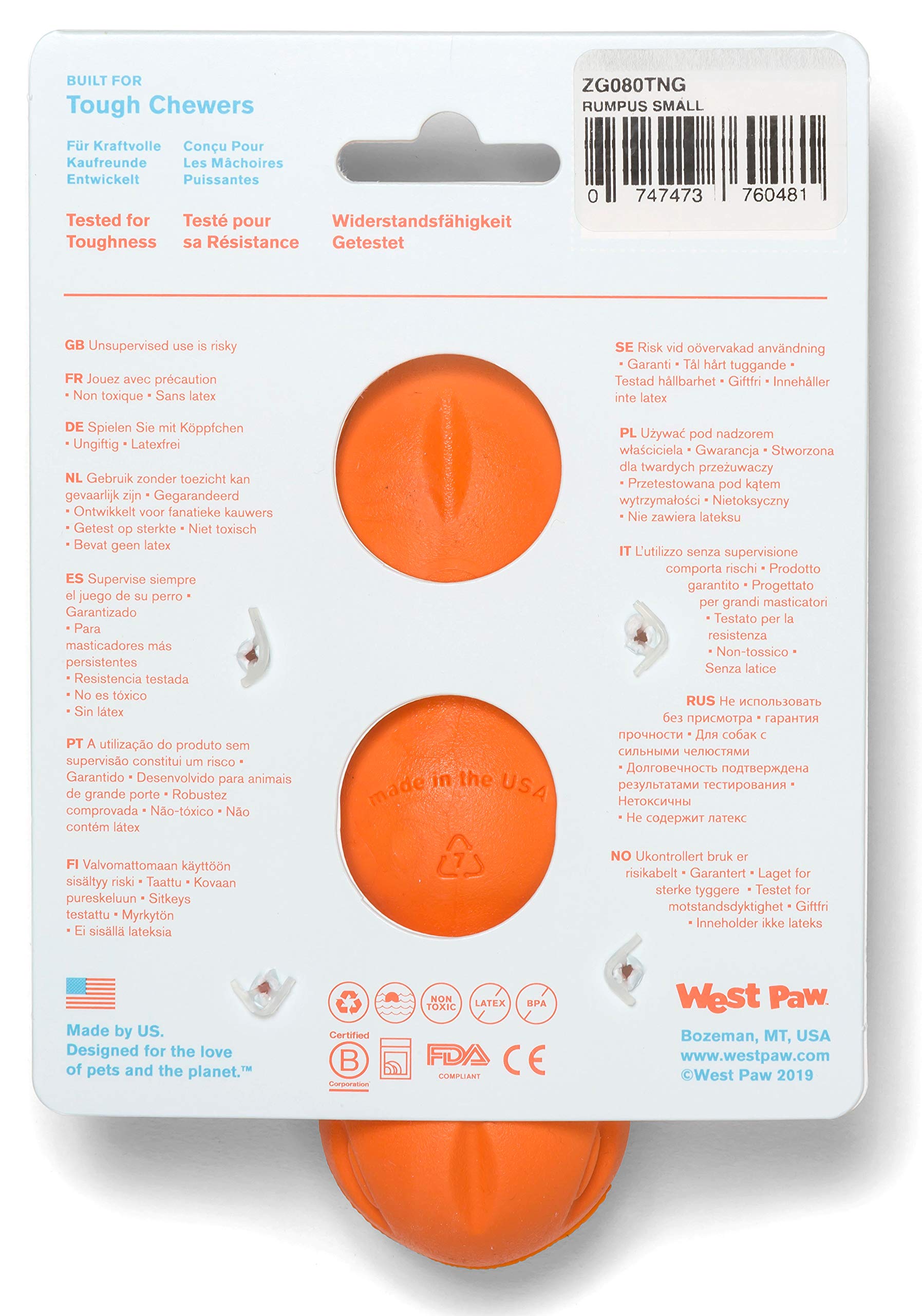 West Paw Zogoflex Rumpus Dog Chew Toy – Floatable Toy For Dogs, Aggressive Chewers – Puppy Chewing Toys For Catch, Fetch – Recyclable, Dishwasher-Safe, Small 5.25', Tangerine