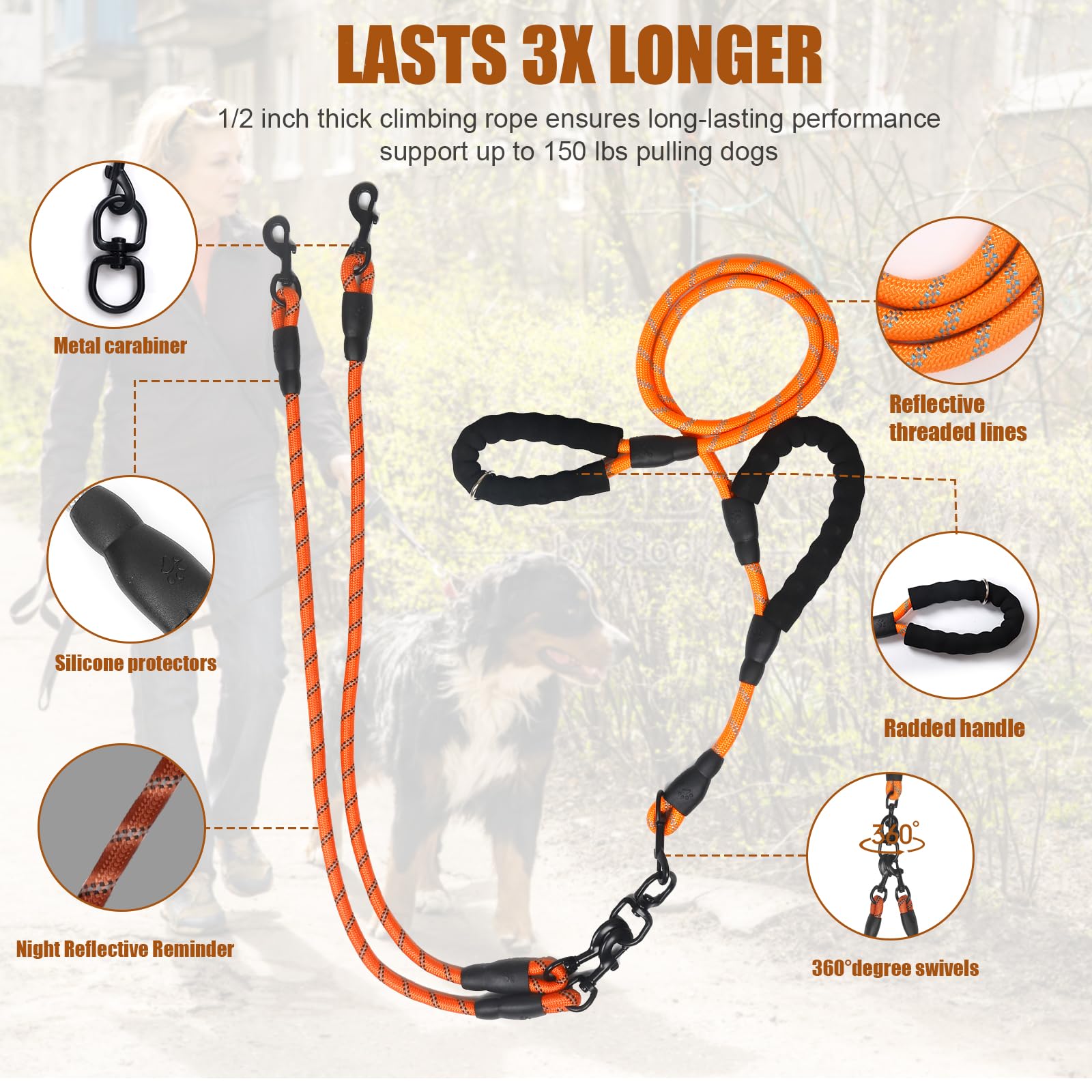 Dual Leash - Exceptional 360 Anti-Tangle & No Pull Leash For Small & Medium Dogs - Double Handle & Reflective - Orange, 2 Way