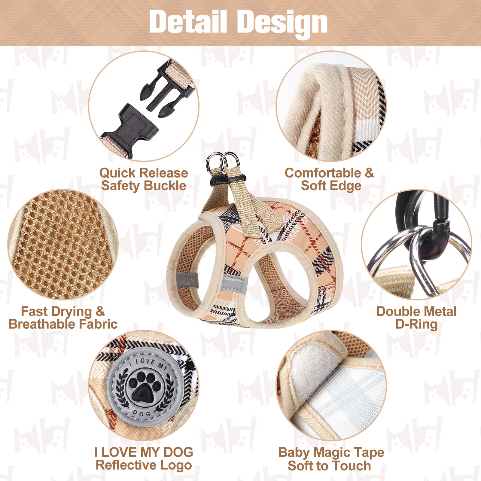 Beautyzoo Small Dog Harness And Leash Set,Step In No Chock No Pull Soft Mesh Dog Harnesses Reflective For Extra-Small/Small Medium Puppy Dogs And Cats, Plaid Dog Vest Harness For Xs S Pets, Beige Xxs