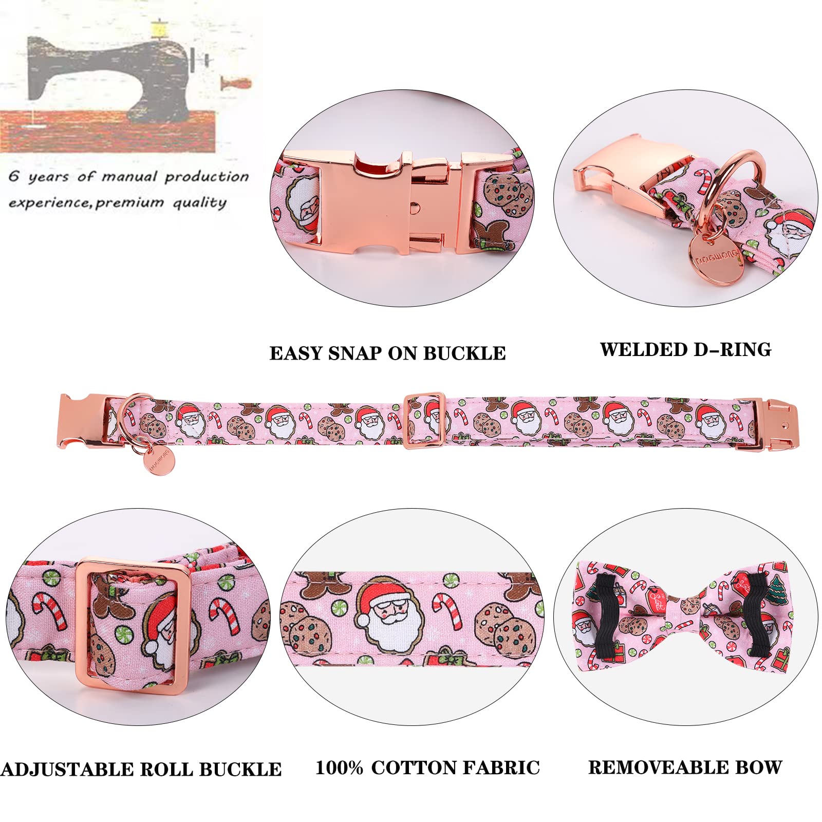Dogwong Christmas Dog Collar With Sailor Bow, Pink Santa Claus Dog Collar Soft Durable Adjustable Cotton Cute Girl Puppy Collar