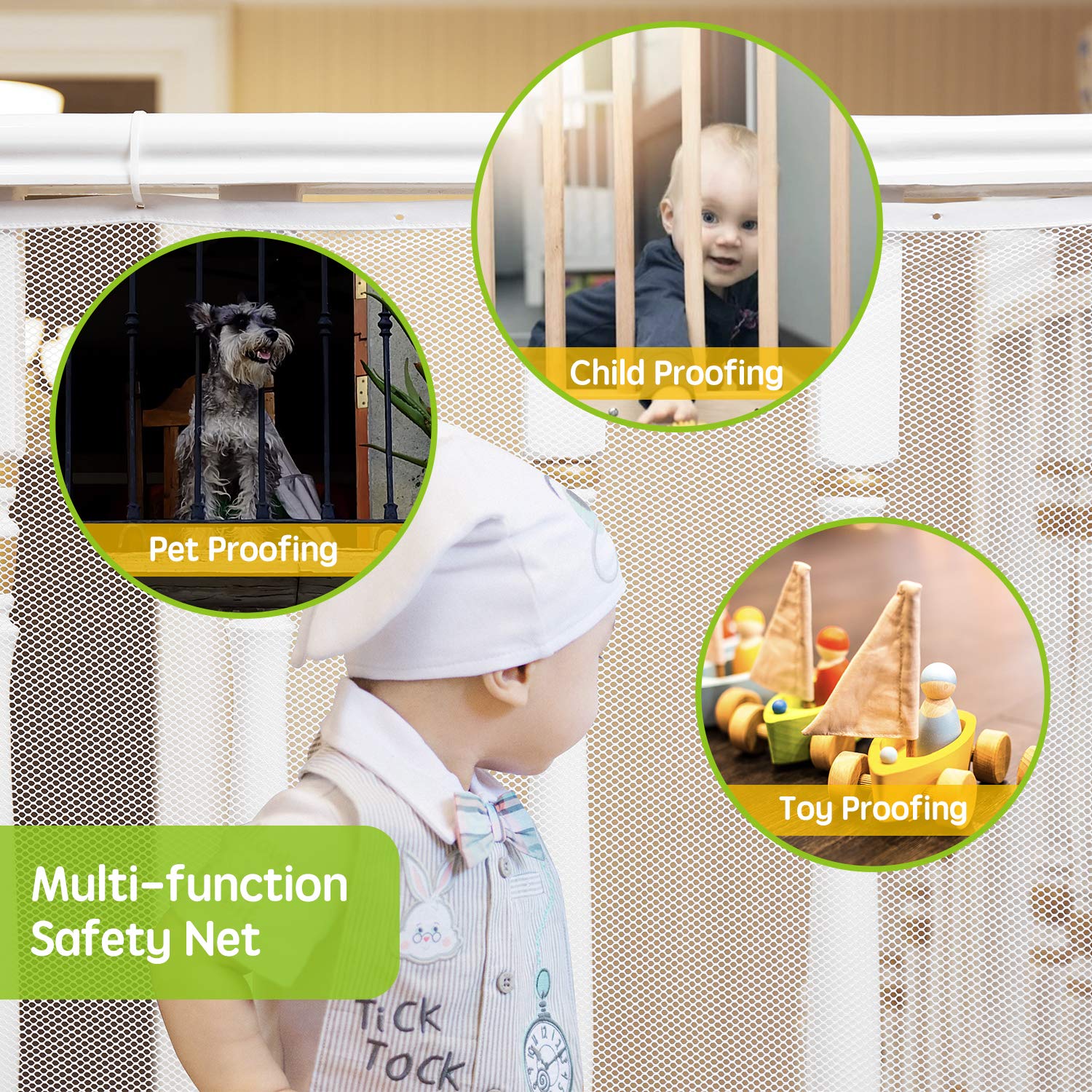 Banister Guard For Baby - 15Ft X 3Ft, Child Safety Net, Rail Balcony Banister Stair Mesh For Kids, Toys, Pets - White