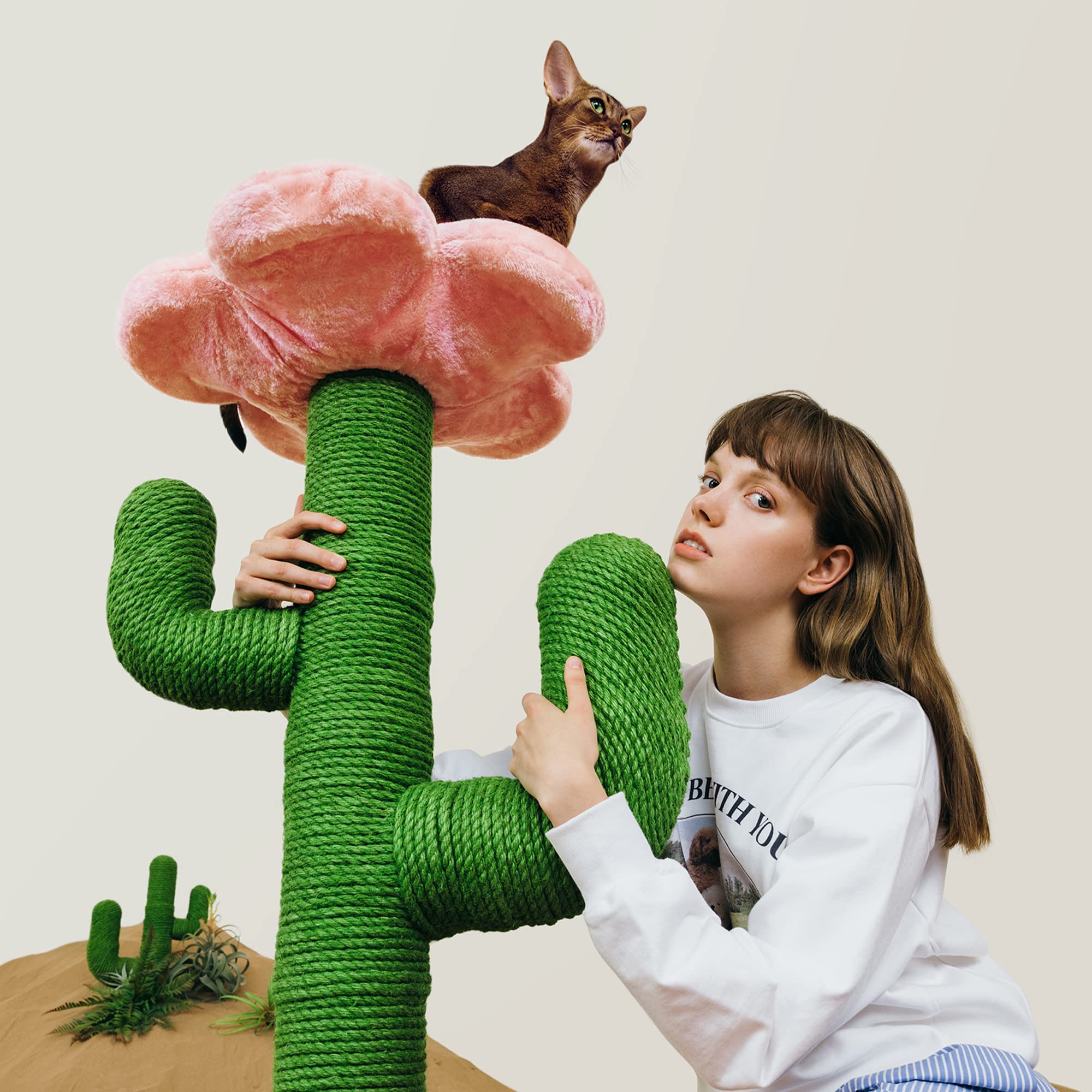 Vetreska Cat Scratching Post Cactus Cat Scratchers For Indoor Cats, 41.3' Tall Vertical Cat Tree With Hammock, Full Wrapped Sisal Rope Cat Scratch Post For Adult Cats And Kittens