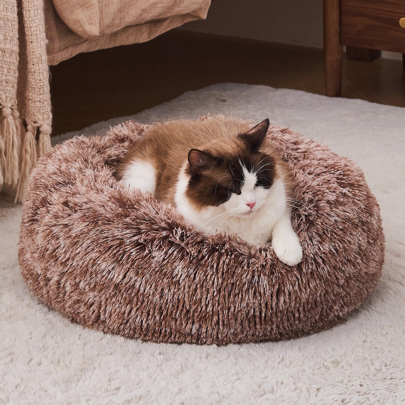 Olaphum Calming Cat Beds For Indoor Cats, Extra Small Dog Bed Washable, Anti-Anxiety Donut Fluffy Plush Faux Fur Pet Bed, Fits U