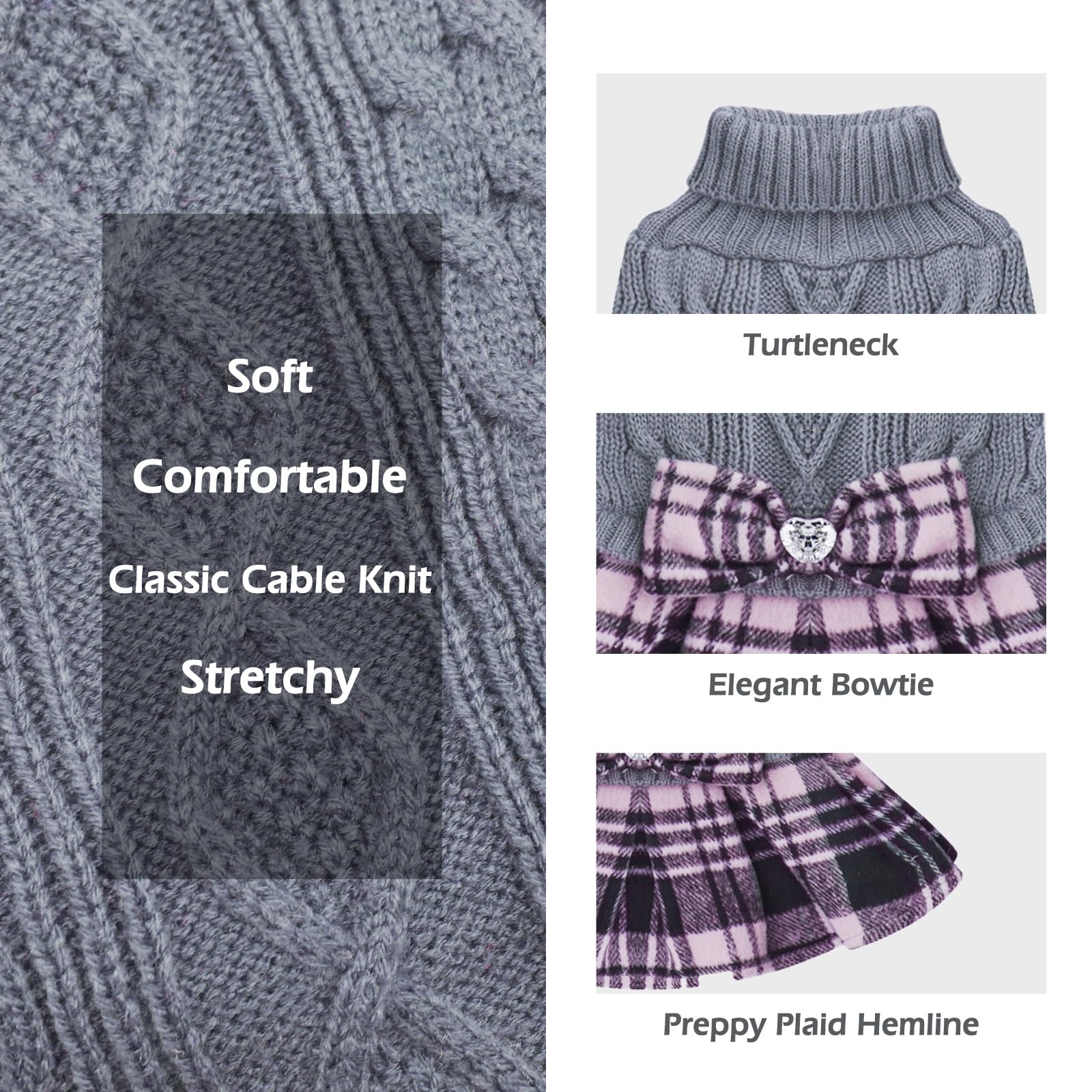 Kyeese Dog Sweater Dress With Leash Hole For Small Medium Dogs With Bowtie Checkered Turtleneck Dog Sweaters Warm Pet Sweater Grey