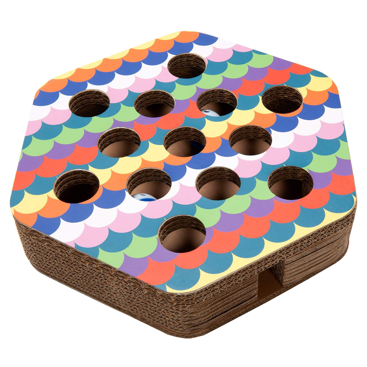 Furhaven Scratching Pad Ball Track Cat Toy W/ Catnip For Indoor Cats - Hexagonal Busy Box Scratcher - Rainbow Scales, One Size