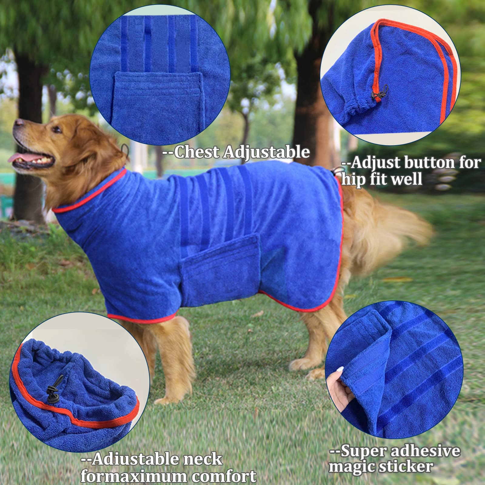 Hhimyoct Dog Drying Coat - Fast Drying Dog Towel Robe - Microfiber Super Absorbent Pet Bathrobe, Adjustable Collar & Belly Strap