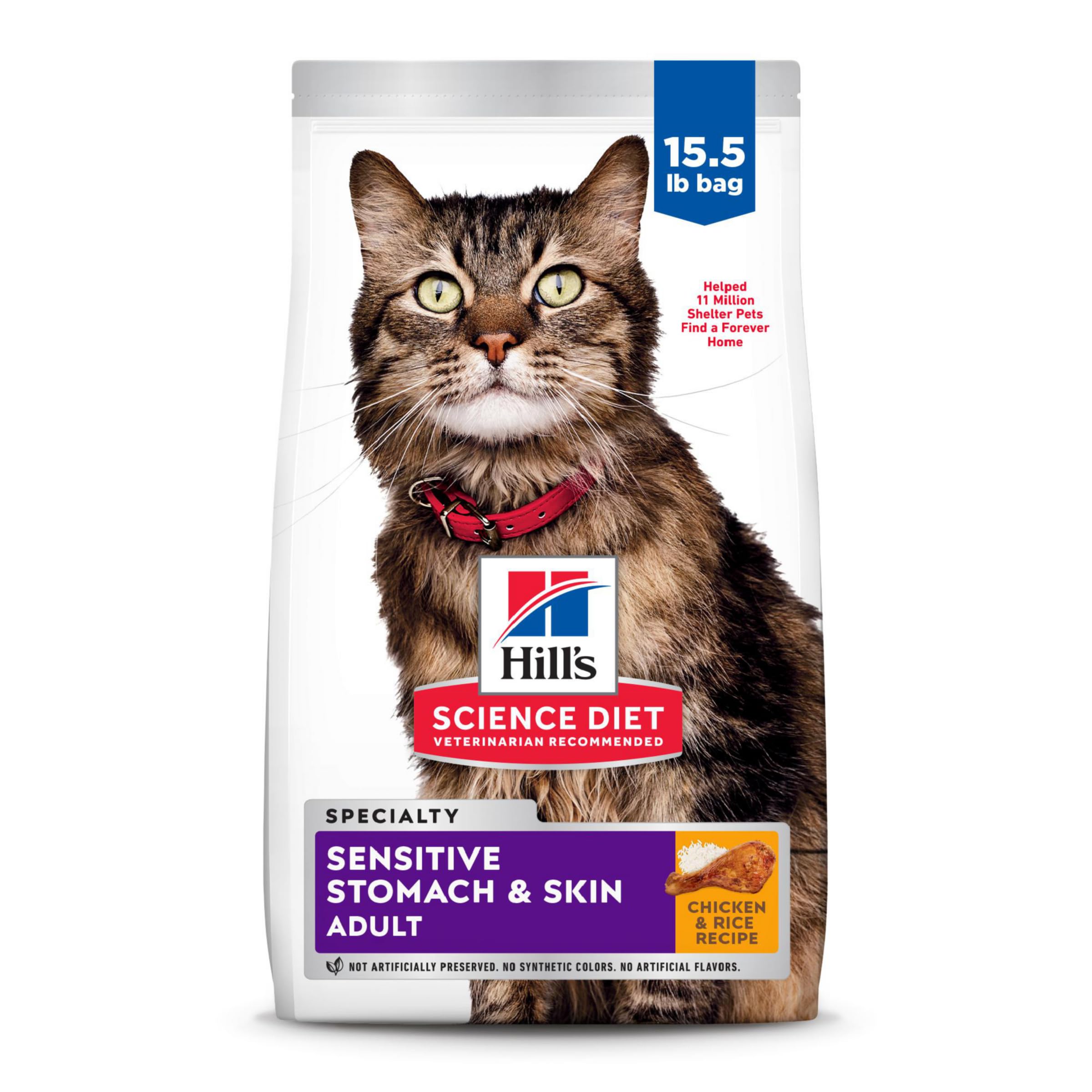 Hills Science Diet Sensitive Stomach & Skin, Adult 1-6, Stomach & Skin Sensitivity Support, Dry Cat Food, Chicken & Rice, 15.5 