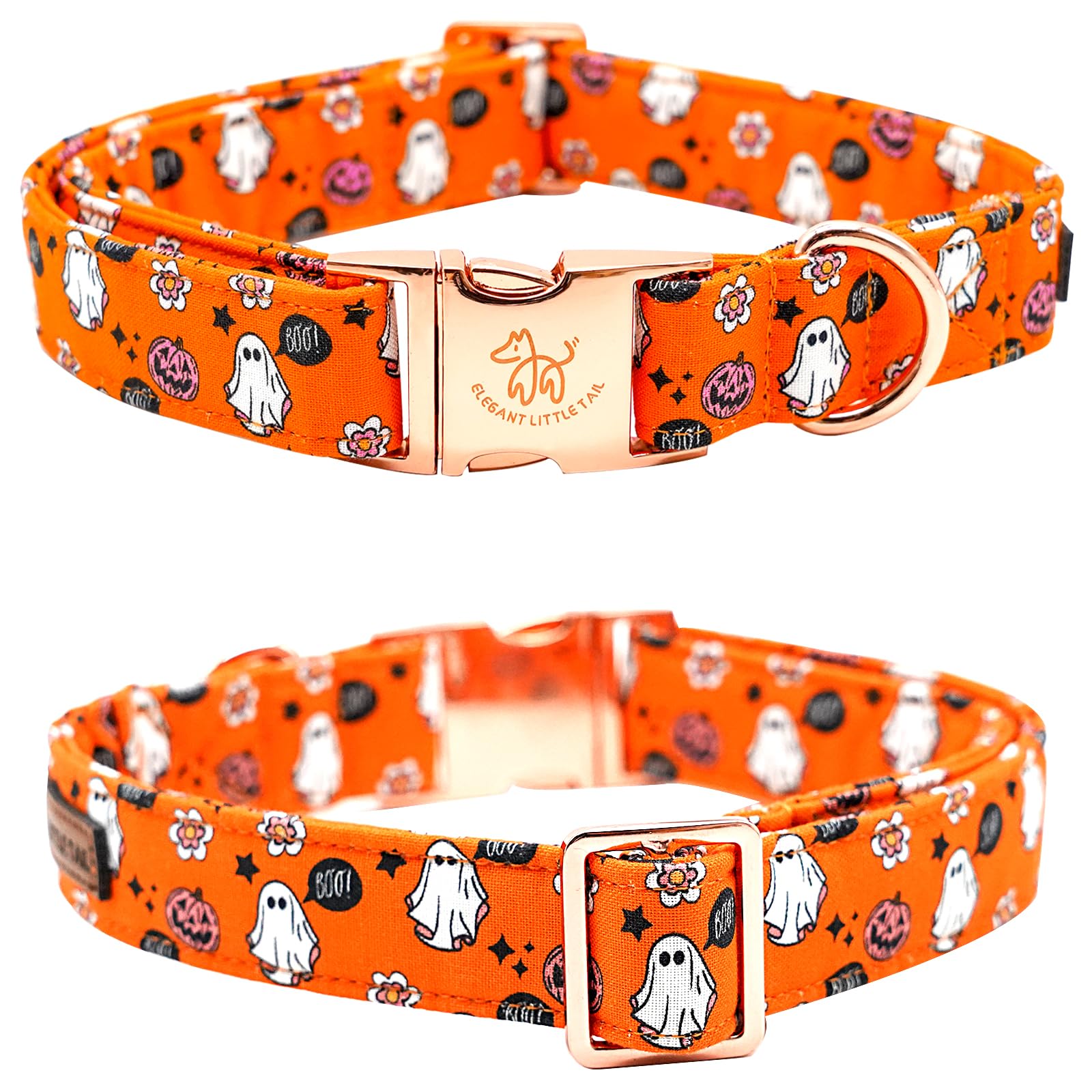 Elegant Little Tail Pumpkin Print Cotton Dog Collar - Adjustable With Metal Buckle For X-Small Puppy