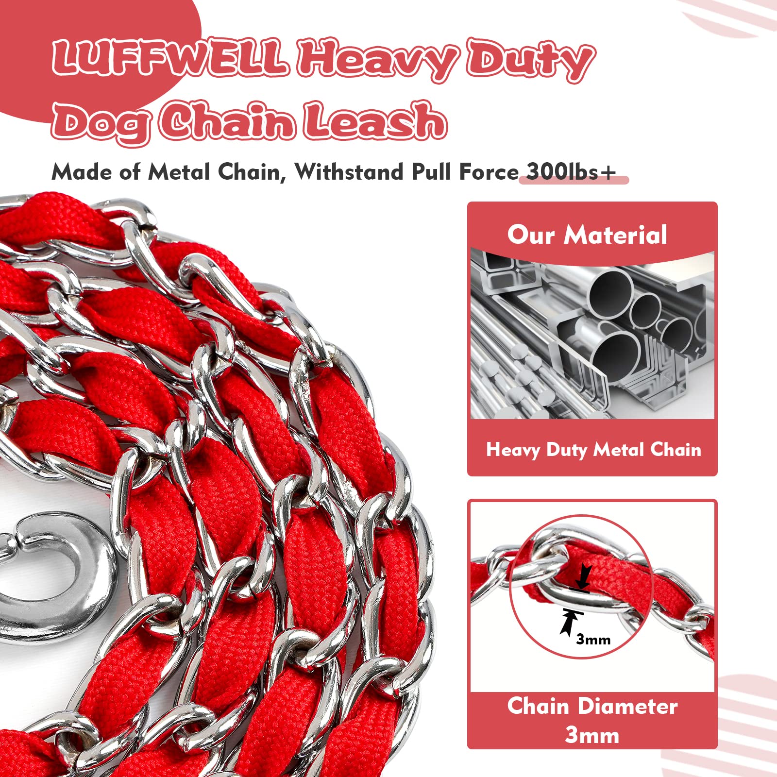Chain Dog Leash Chew Proof, Metal Chain and Nylon Rope Pet Dog Leash with Padded Handle, Heavy Duty Leashes for Medium Large Dog