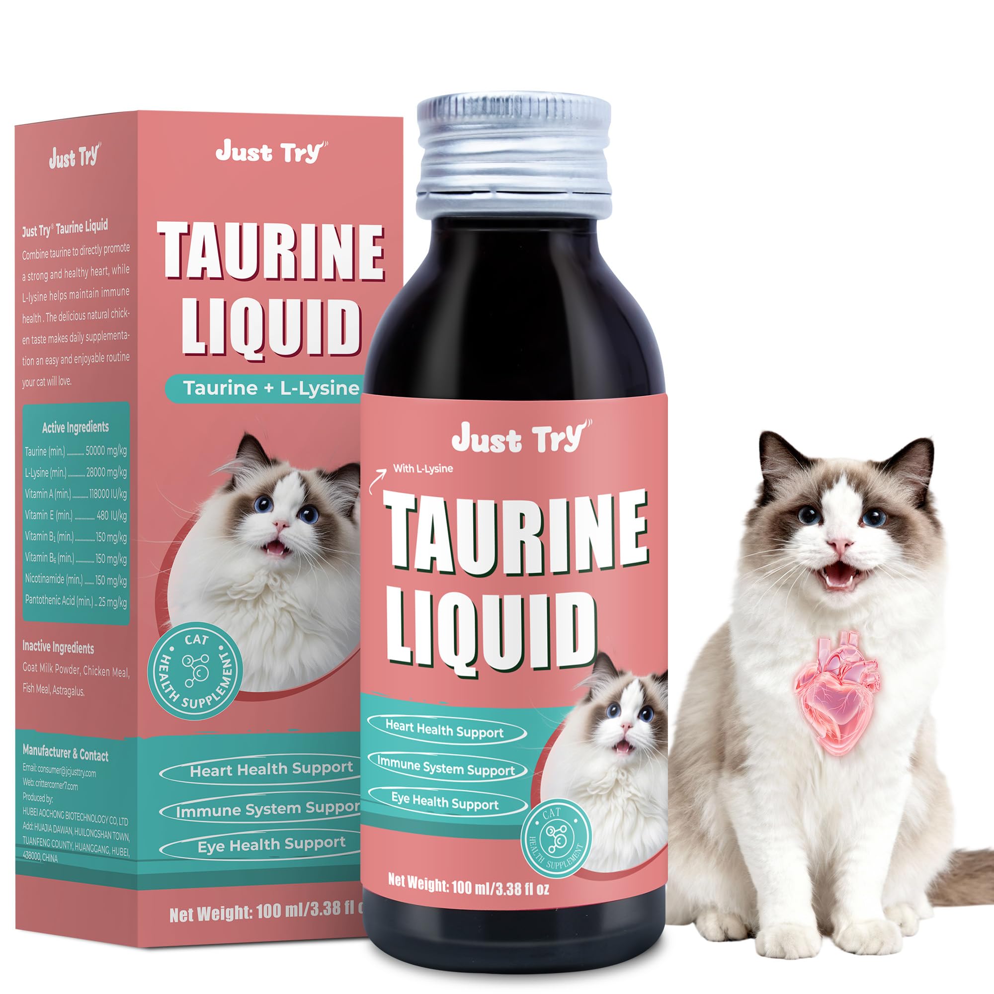 Just Try 3.38 fl oz Taurine & L-Lysine Supplement for Cats - Vitamins & Taurine for Immune Support & Allergy Relief - Lysine for