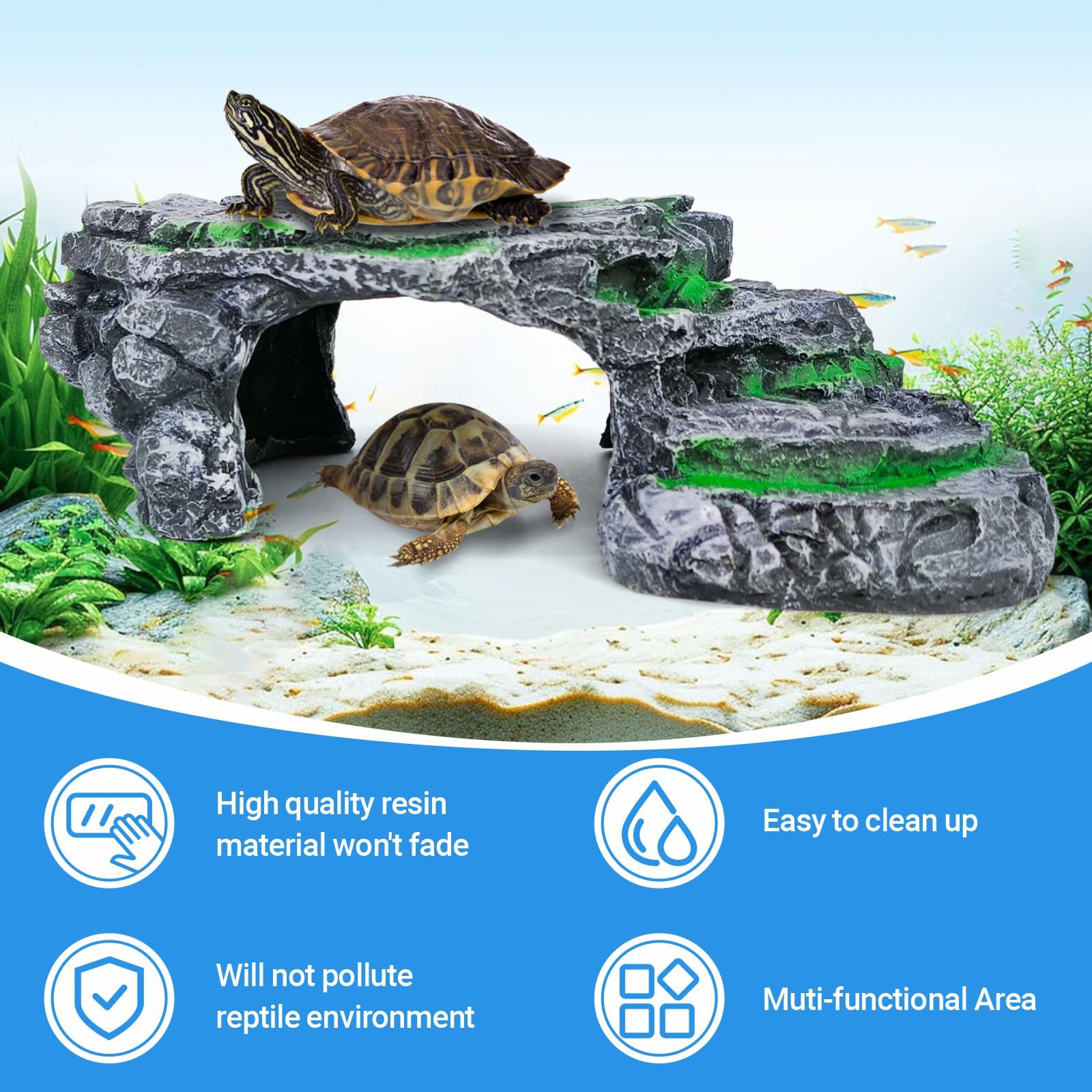 GOZILLA Turtle Basking Platform,Turtle Tank Decoration for Aquariums and Terrarium.Step & Cave Reptile Habitat Hideout for Torto