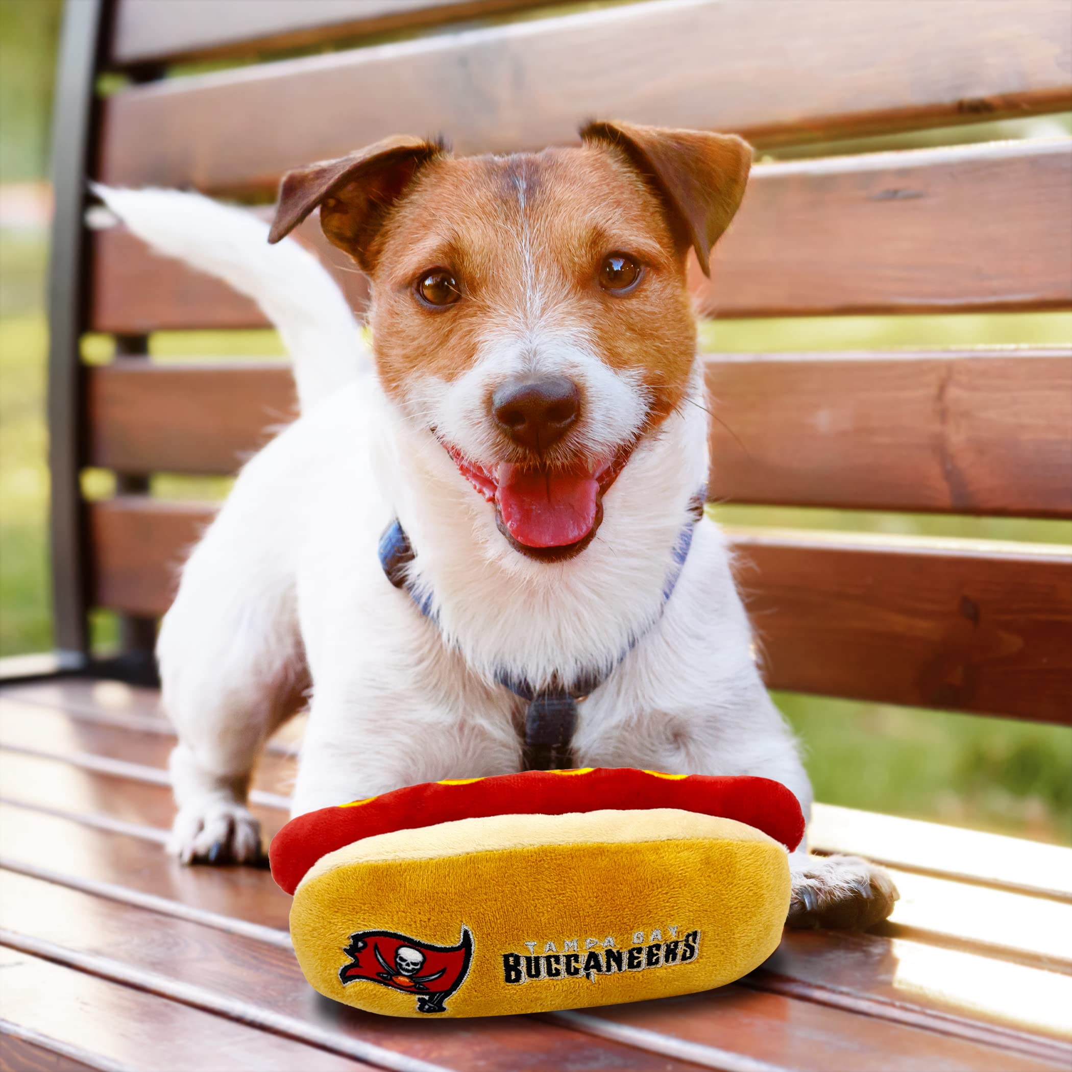 Pets First NFL Tampa Bay Buccaneers HOT Dog Plush Dog & CAT Squeak Toy - Cutest HOT-Dog Snack Plush Toy for Dogs & Cats with Inn