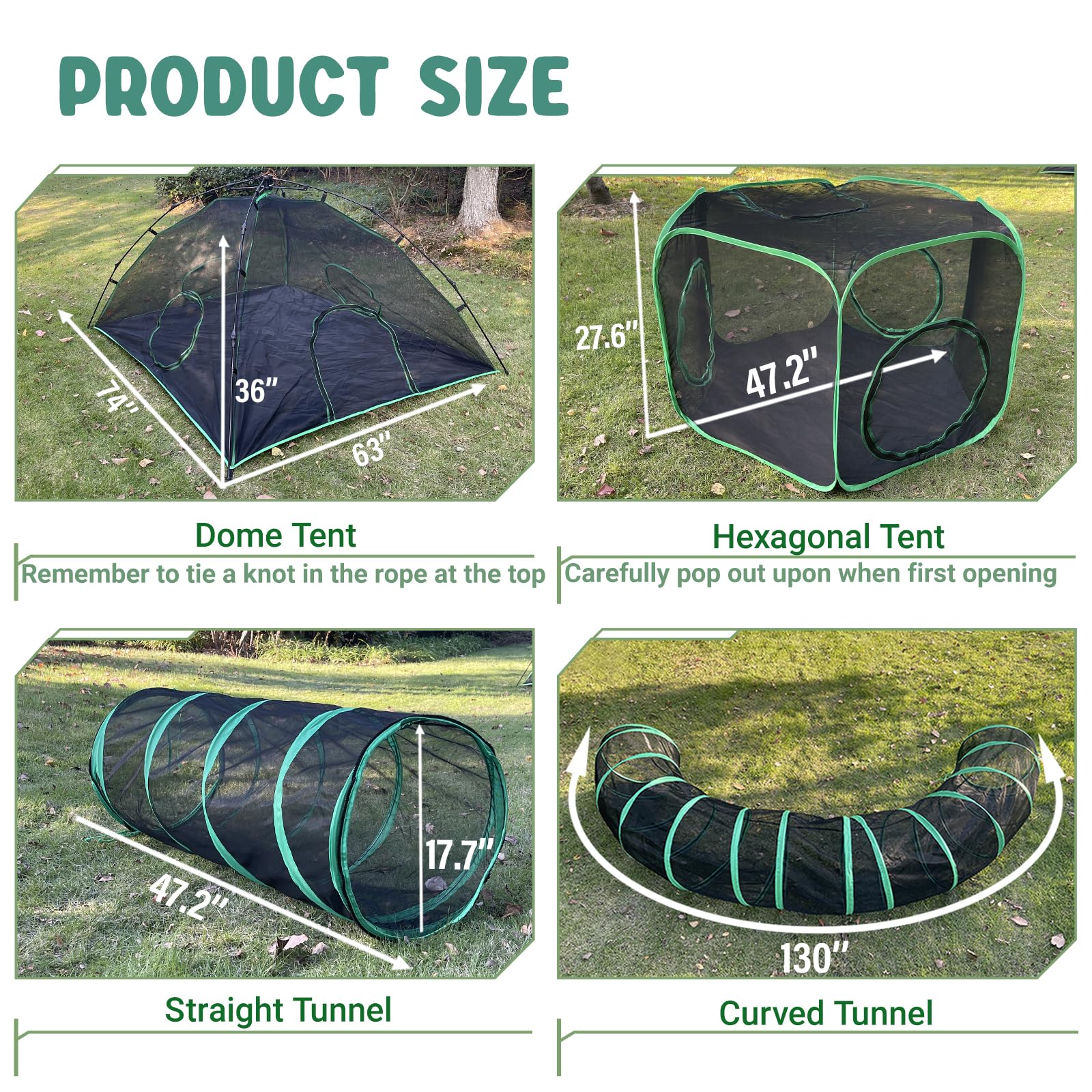 Pawtenda Cat Tents for Outside, Green Outdoor Cat Enclosures, Foldable Pet Playpen with Tunnels for Outside, Portable 4-in-1 Cat