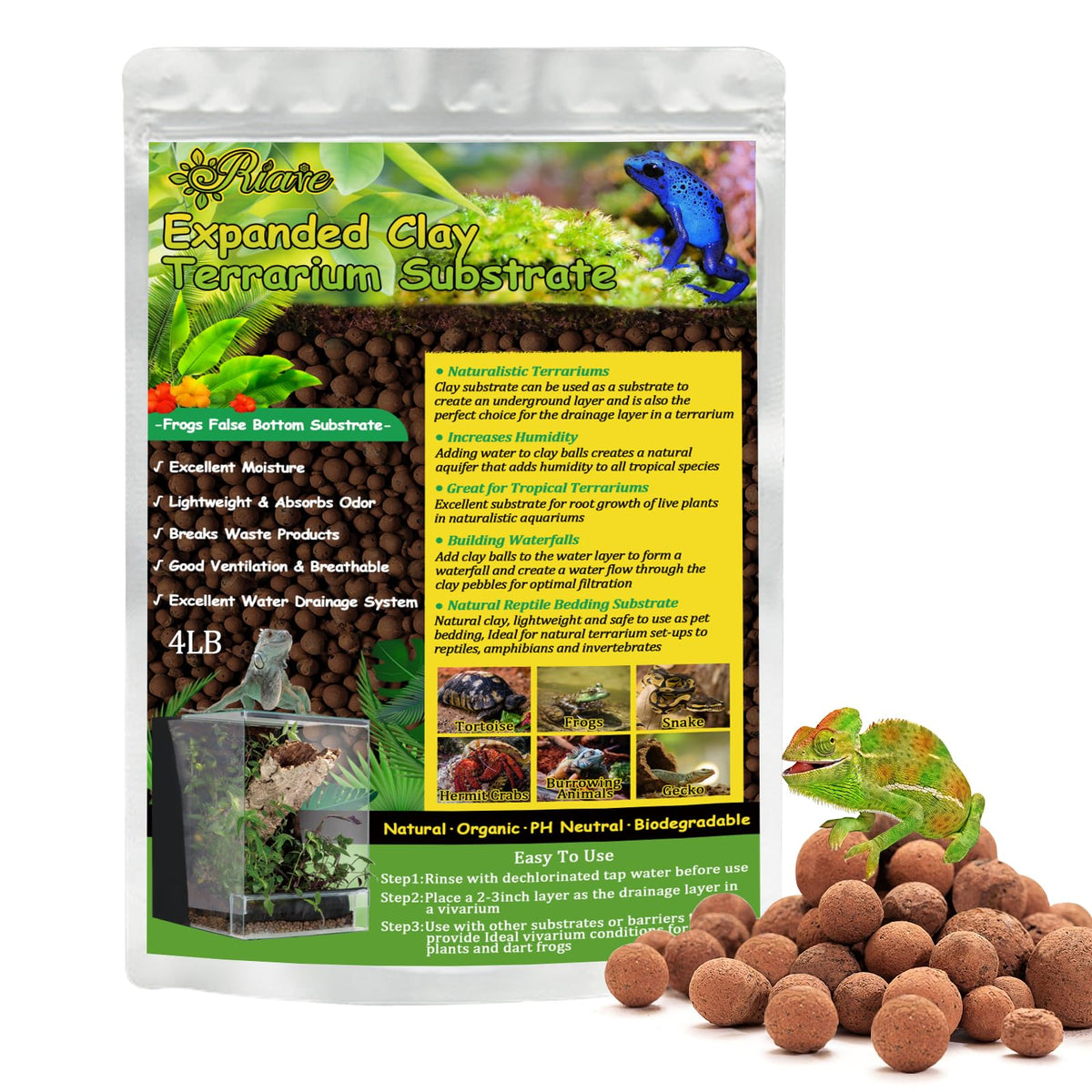 Riare 4Lbs Expanded Clay Balls Terrarium Substrate For Reptiles - 100% Organic Lightweight Clay Pebbles Substrate Frogs False Bo