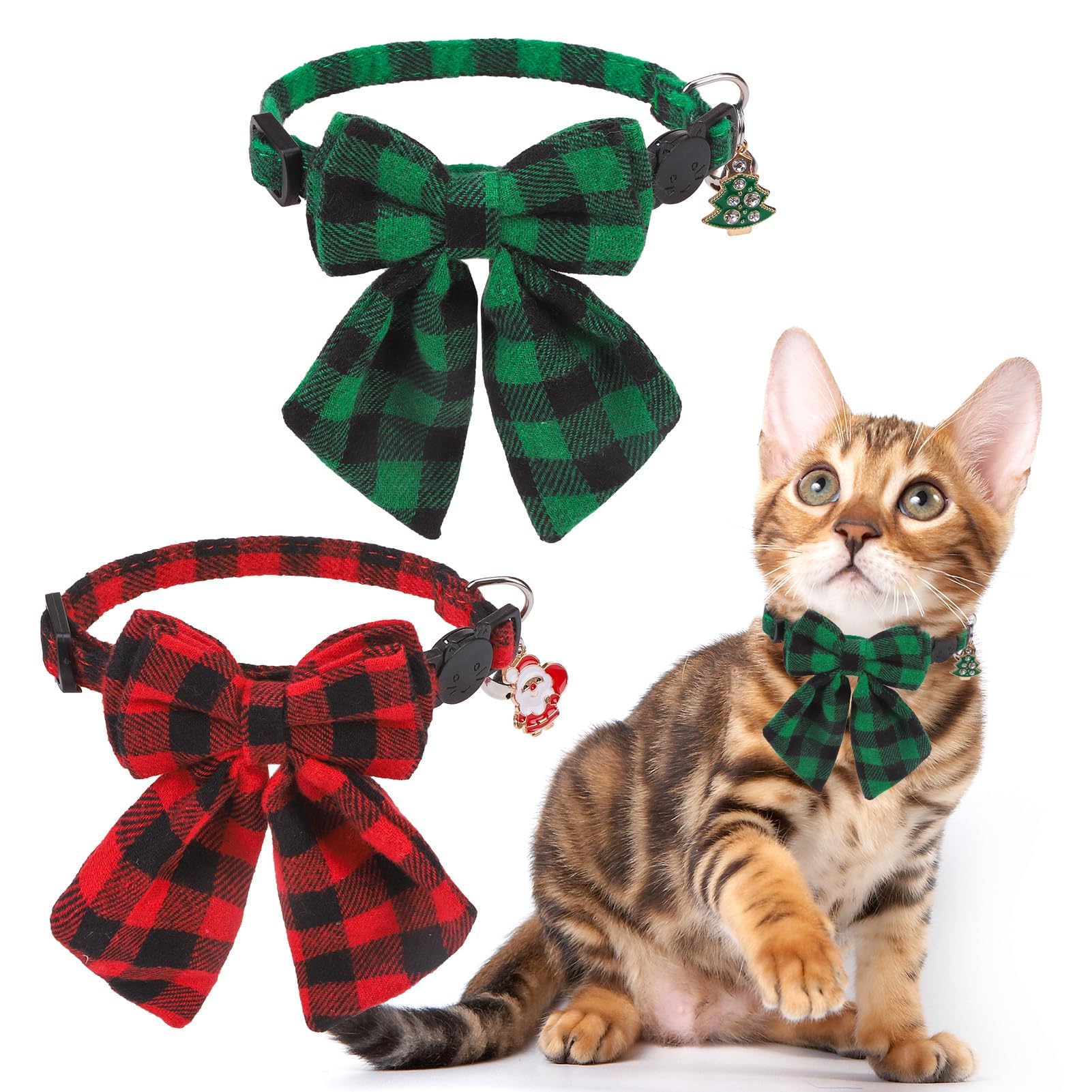 Scenereal Christmas Cat Collar With Bell & Stylish Bowtie, Classic Red Green Plaid Pattern Breakaway Cat Collars Accessories For