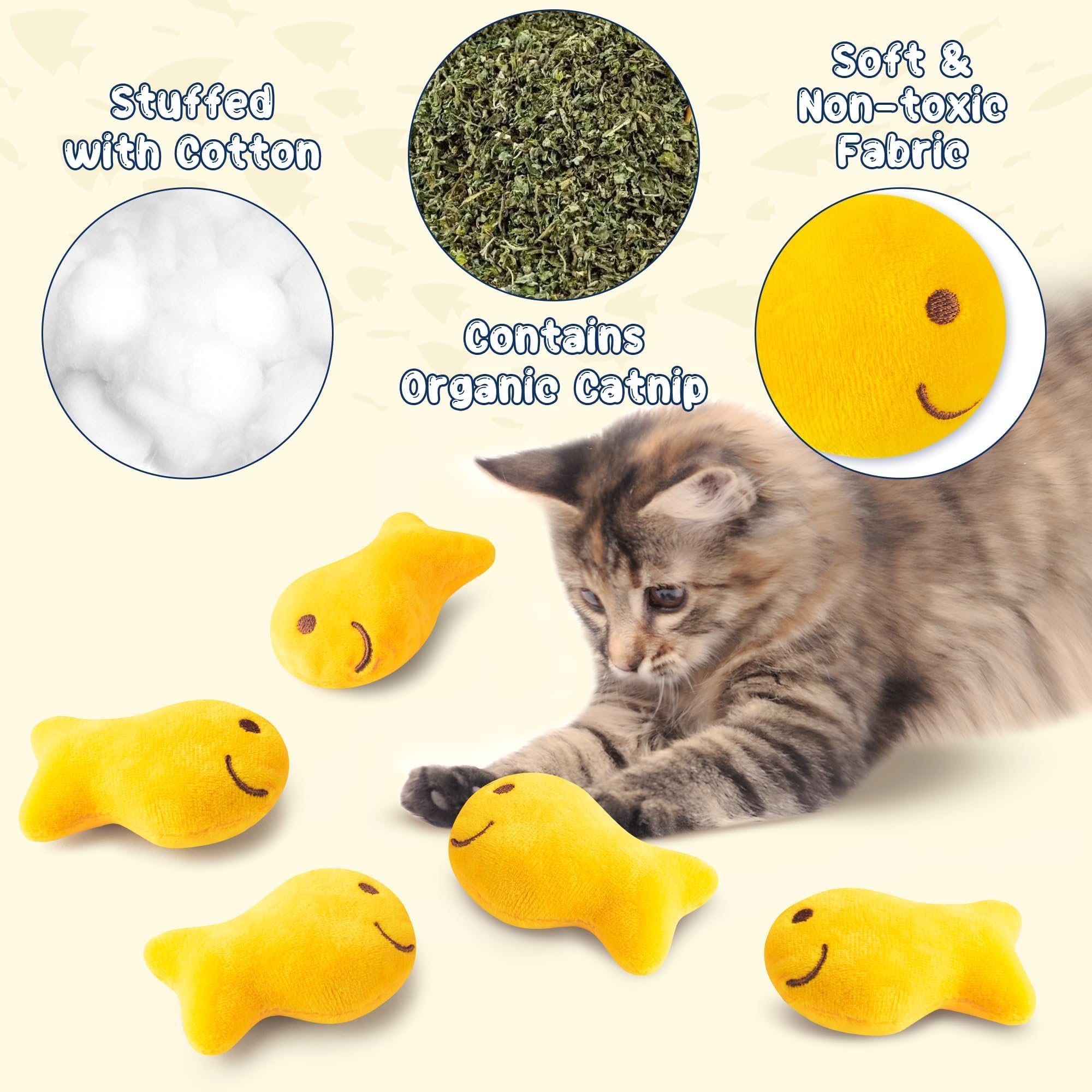 L1Rabe Goldfish Cracker Catnip Stuffed Toys - Summer Black Cat Appreciation Day 5P Goldfish Cat Toys Funny Yellow Indoor Cats Ch
