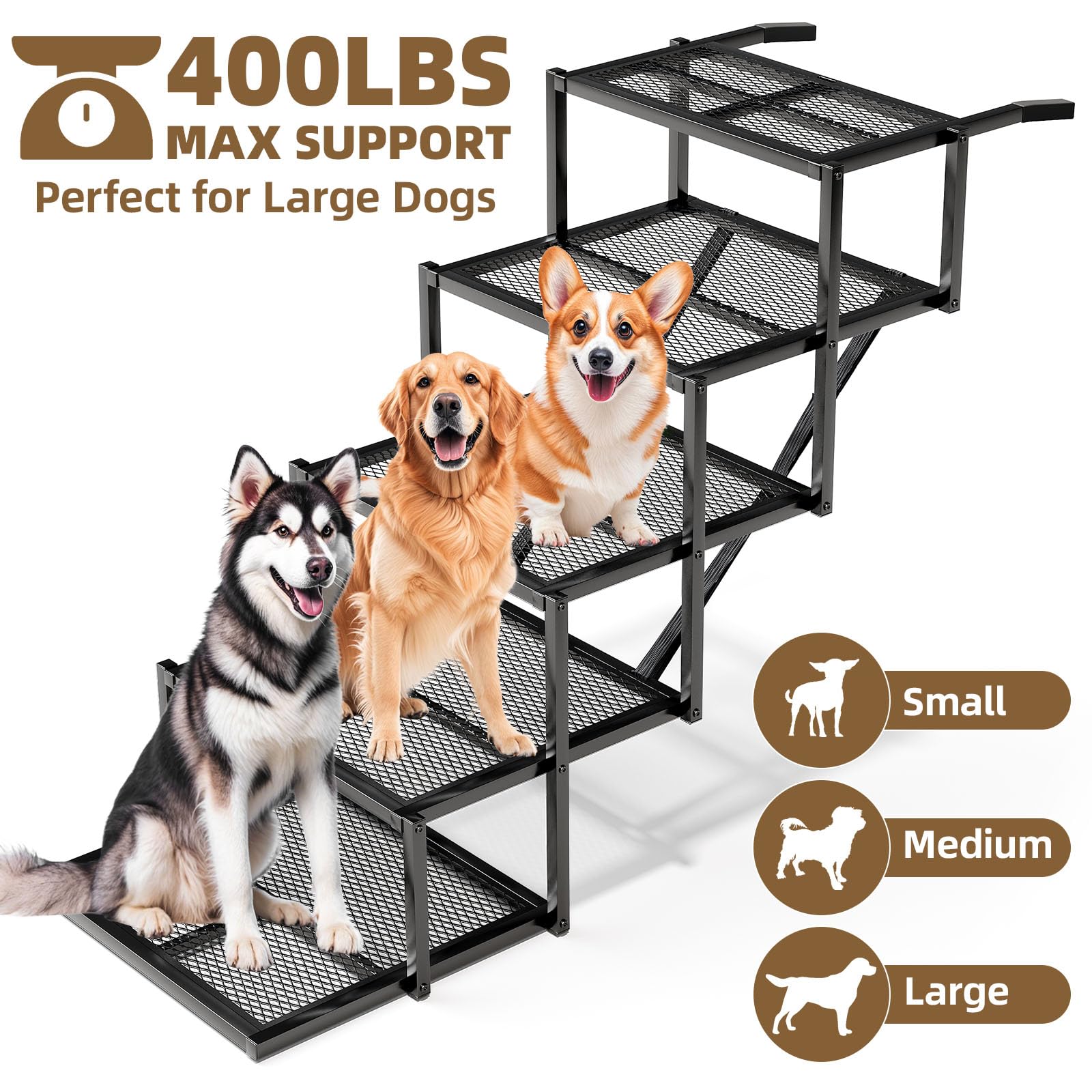 Dog Stairs For Large Dogs, Linvivon Extra Wide 20'' Dog Steps With Non-Slip Surface And Reflective Strips, Outdoor Foldable Dog