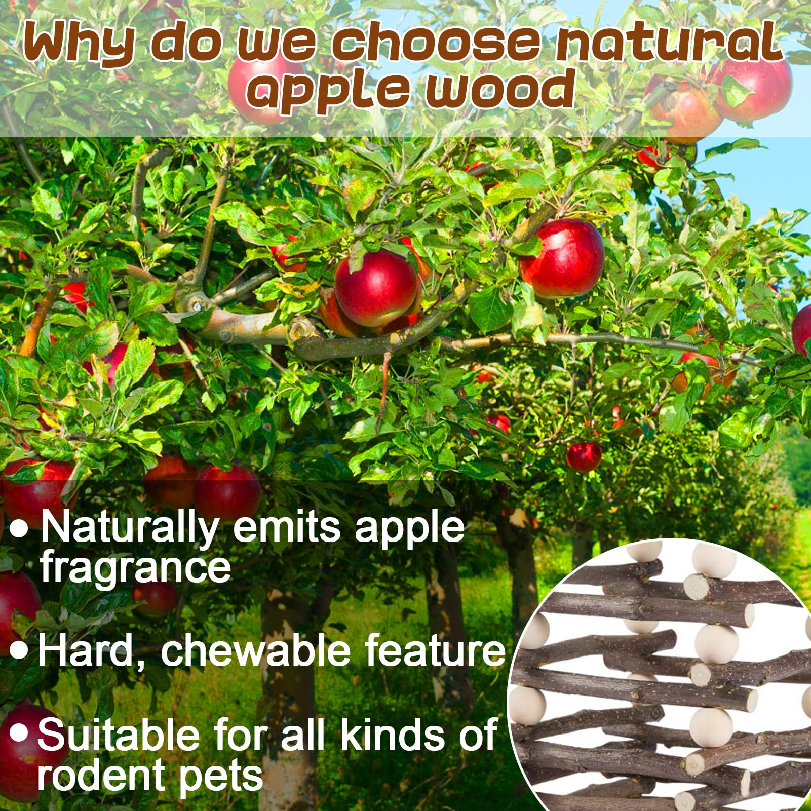 Hanging Apple Wood Rabbit Hay Feeder - Guinea Pig Grass Holder with 2 Hooks Biting Resistant Small Animals Chew Toy, Feeding Hay