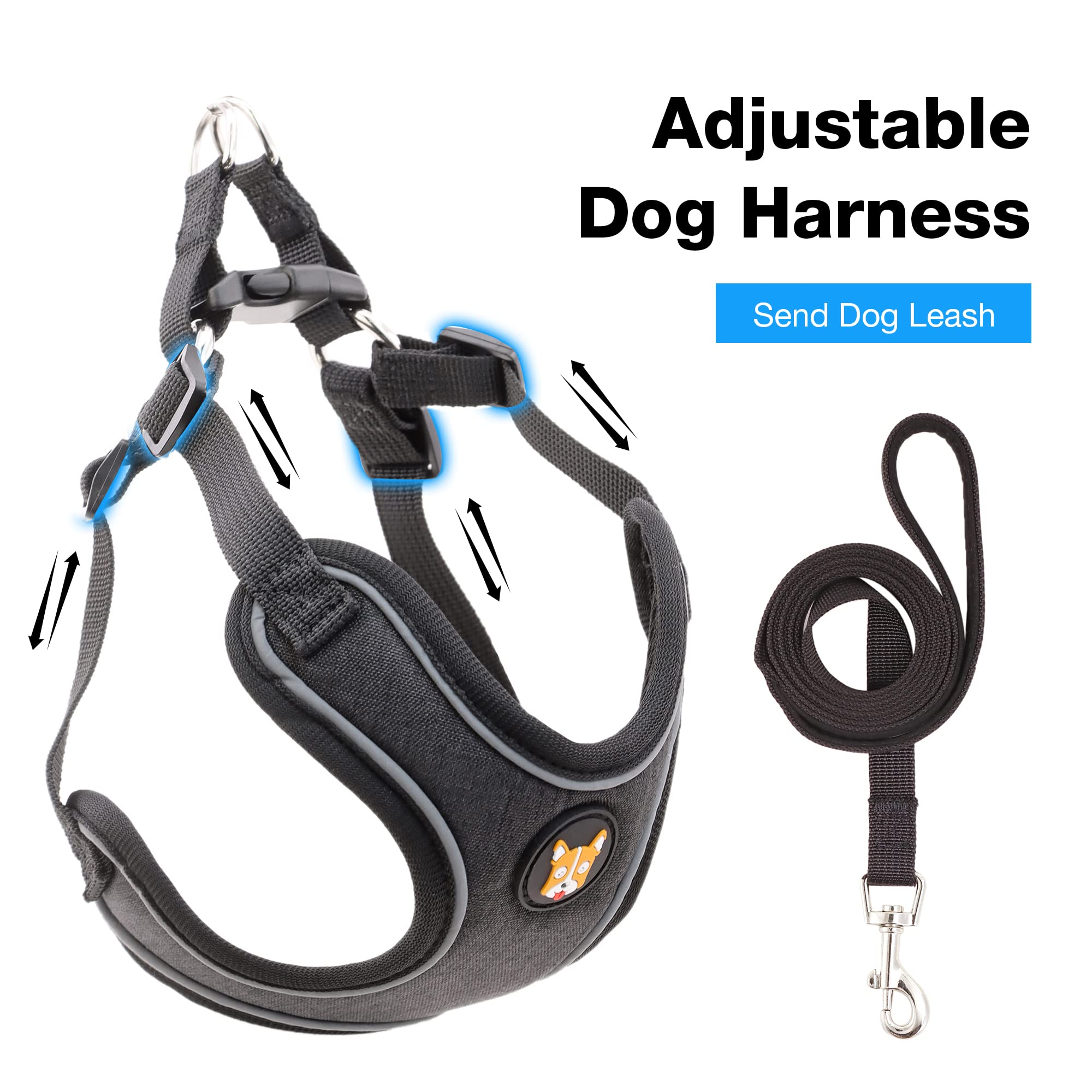 Huggiegems Adjustable Dog Harness Vest And Leash Set For Small, Medium Dogs No Pull, Step In Escape Proof Reflective Easy Walk Puppy Harness, Black, S (Comes With A Measuring Tape)
