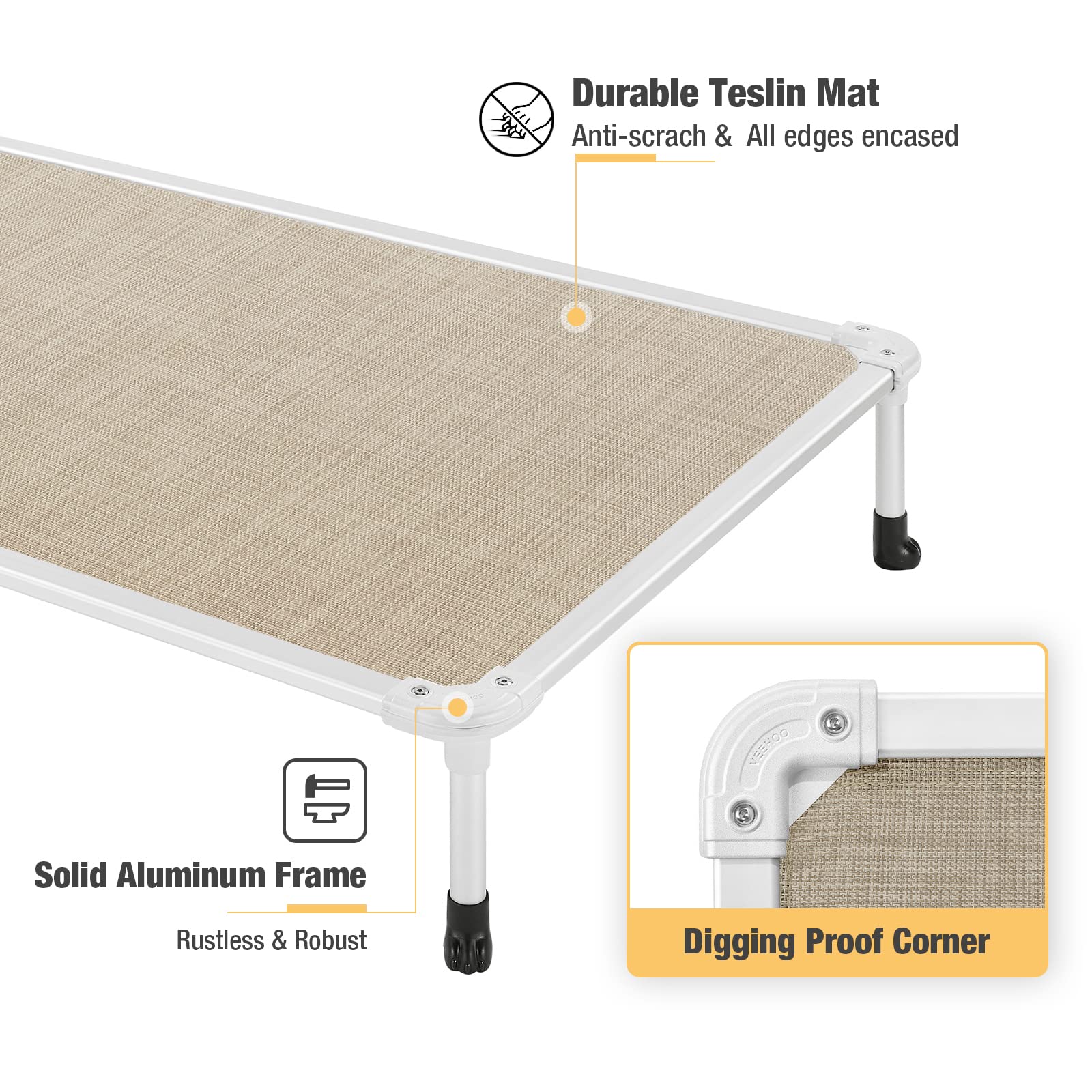 Veehoo Chew Proof Elevated Dog Bed - Cooling Raised Pet Cot - Silver Aluminum Frame And Durable Textilene Mesh Fabric, Unique Designed No-Slip Feet For Indoor Or Outdoor Use, Beige Coffee, Large