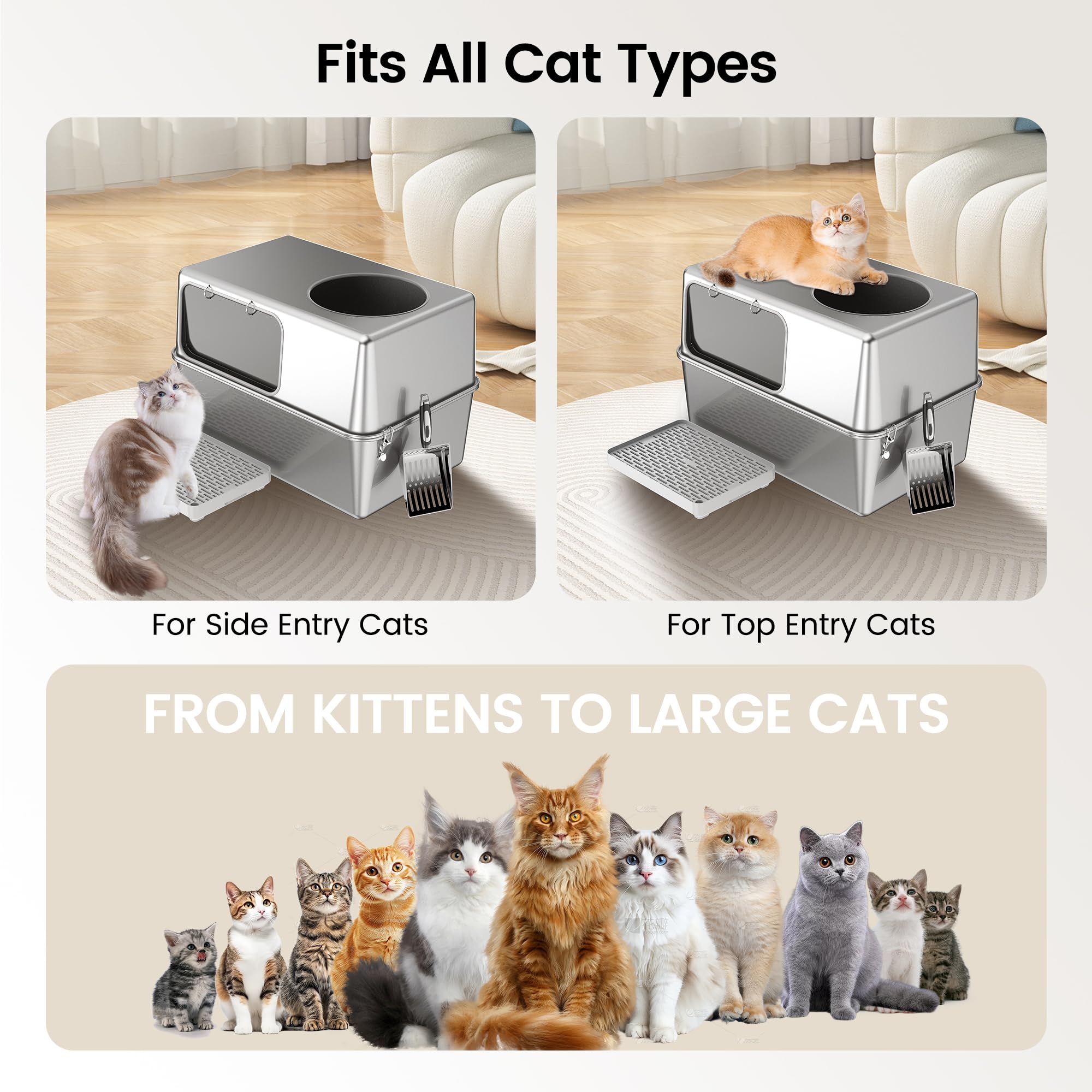 Aothey Stainless Steel Litter Box with Lid, Enclosed Metal with High Sides, Large Cat Litter Box, Dog-Proof, Odor Control, Easy
