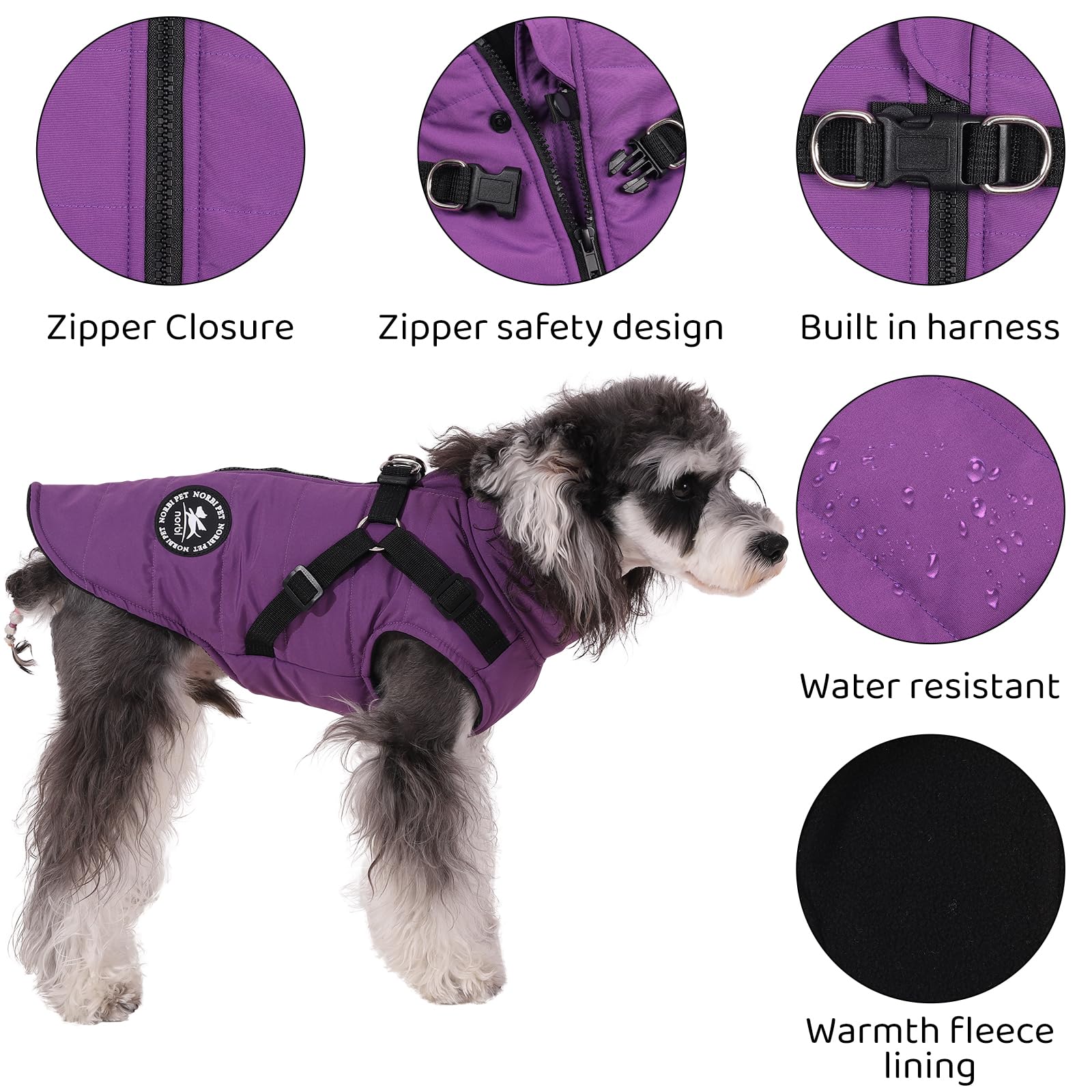 Norbi Dog Winter Jacket with Harness - Adjustable XX-Large, Purple - Warm Coats for Small, Medium & Large Dogs