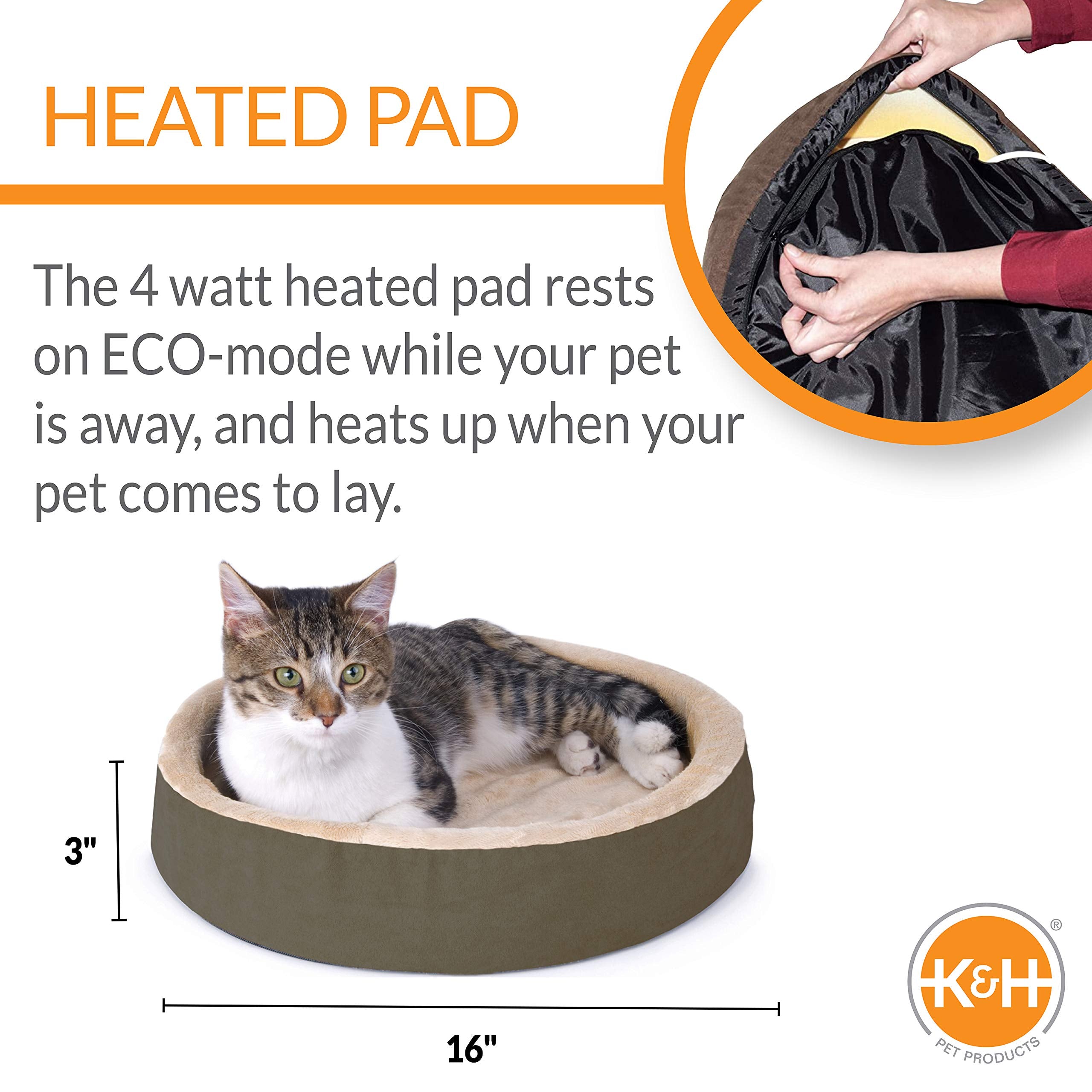 K&H Pet Products Thermo-Kitty Cuddle Up Indoor Heated Cat Bed For Dogs & Cats, Washable Pet Bed, Round Thermal Cat Mat With Short Bolster - Mocha 16 Inches
