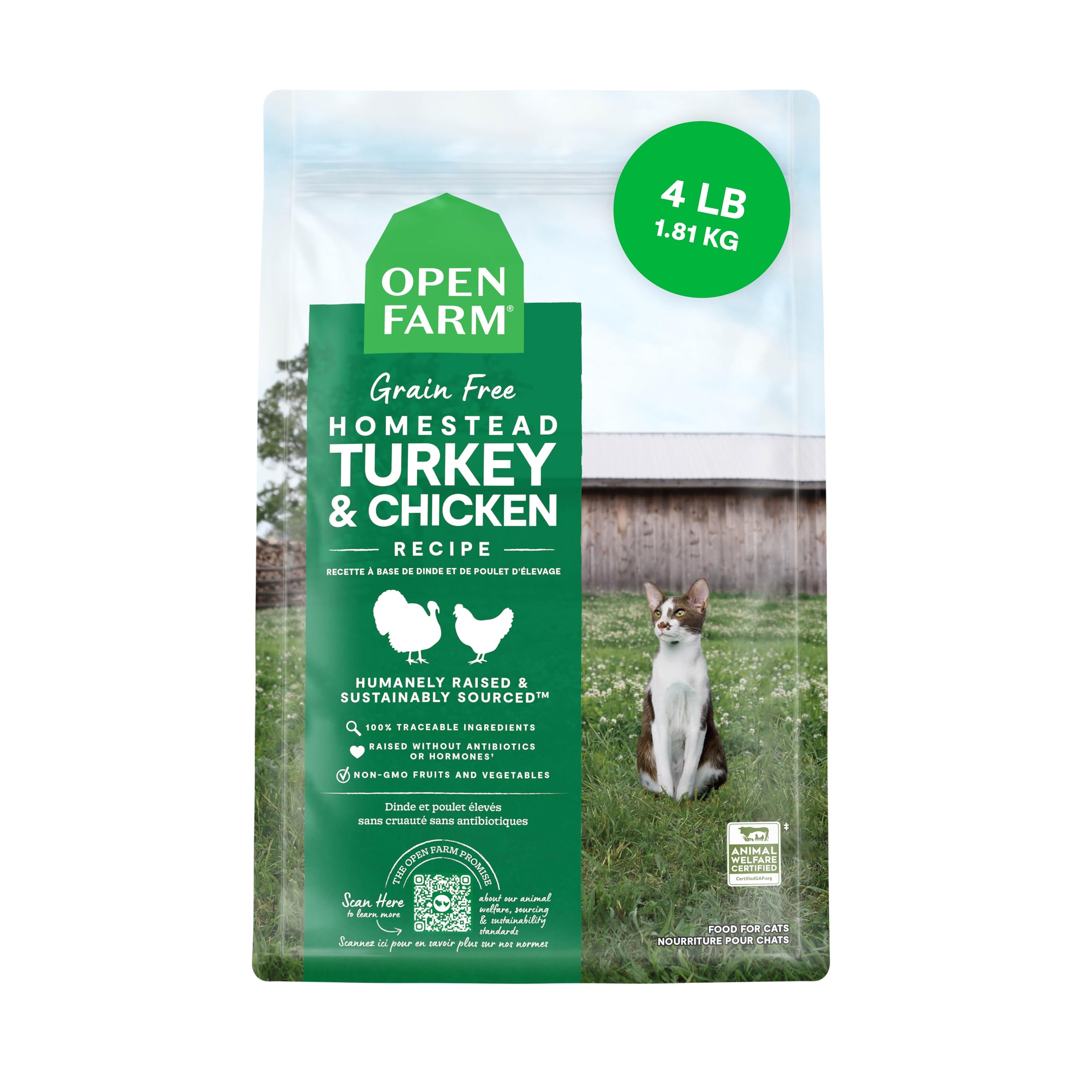 Open Farm, Grain Free Dry Cat Food, High-Protein Kibble for a Complete & Balanced Diet, Non-GMO Fruits & Vegetables, Prebiotic Fibers to Support Digestion, Homestead Turkey & Chicken Recipe, 4lb Bag-New Condition