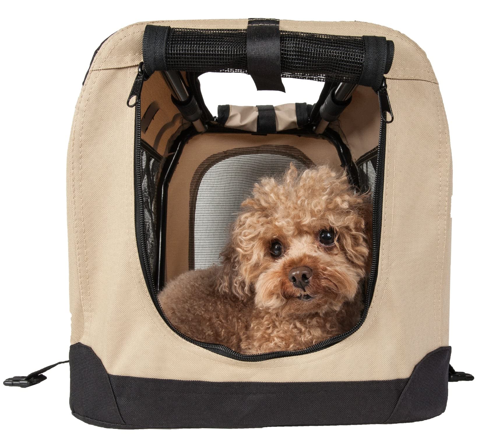 Pet Life '360° Vista View' Zippered Soft Folding Collapsible Durable Metal Framed Pet Dog Crate House Carrier, X-Small, Khaki
