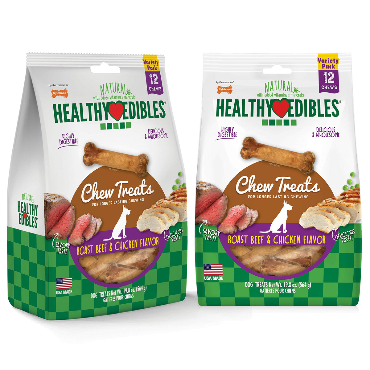 Nylabone Healthy Edibles Natural Dog Chews Long Lasting Roast Beef & Chicken Flavor Treats For Dogs, Small/Regular (24 Count)