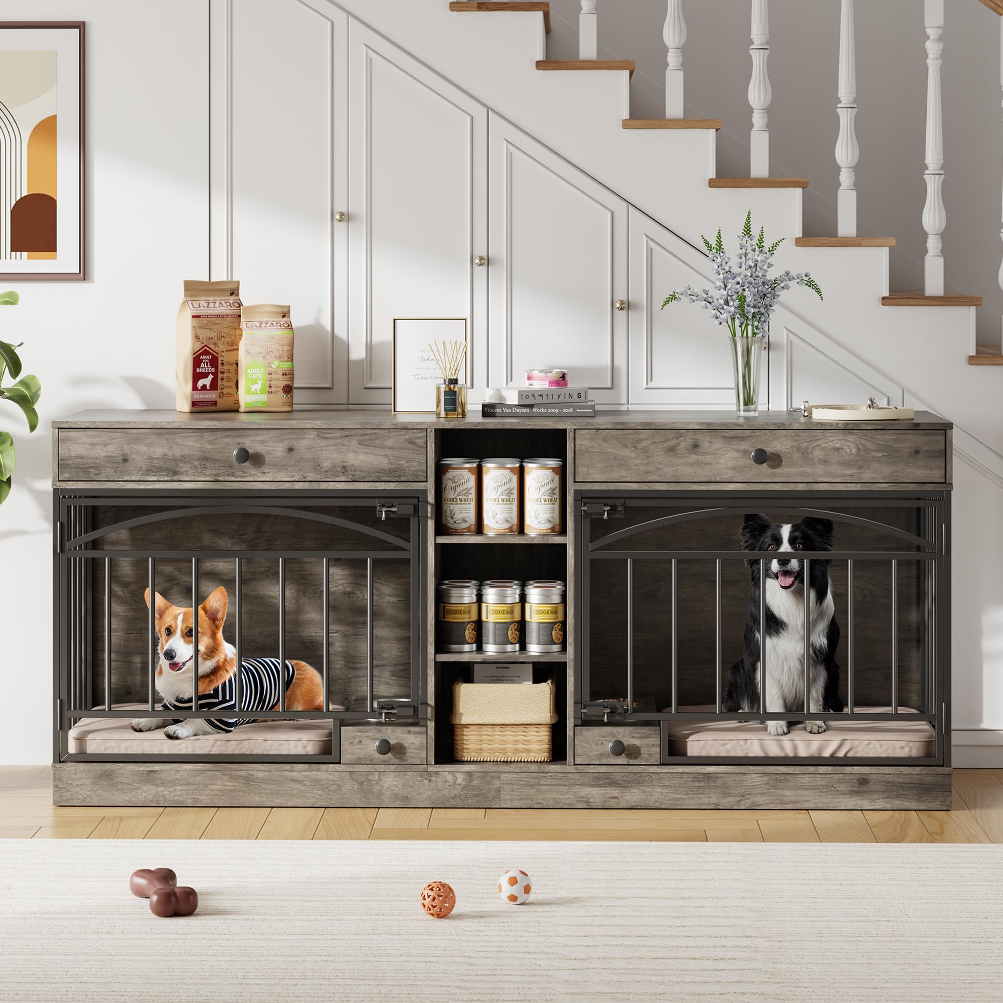 GarveeHome Dog Crate Furniture for 2 Dogs, Dog Kennel Indoor with Storage and Feeding Bowls, Double Dog Crate TV Stand for Small