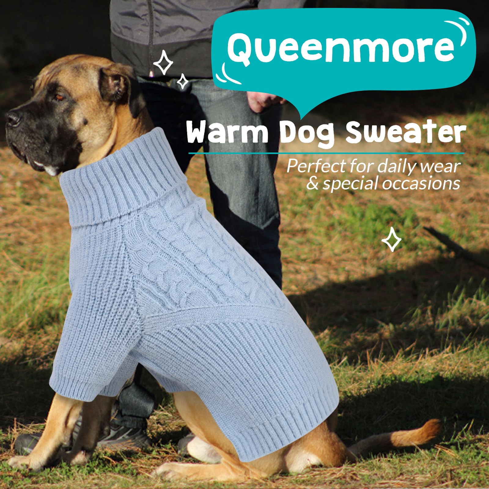 Queenmore Puppy Dog Sweeters - Long Sleeves Turtleneck Winter/Fall Sweater For Medium, Large Dogs; Solid Blue Knit; Christmas Th