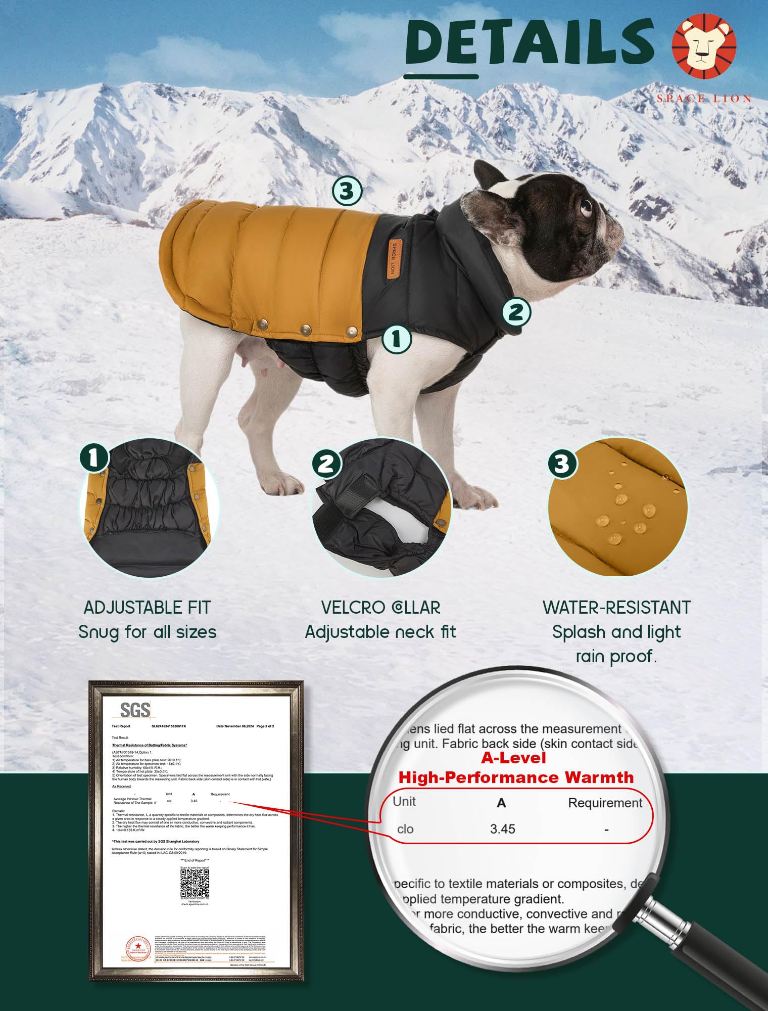 Space Lion Classic Dog Down Jacket, Duck Down Insulation, Sgs Certified, Warm, Lightweight, Water-Repellent, Two-Tone Winter Coa
