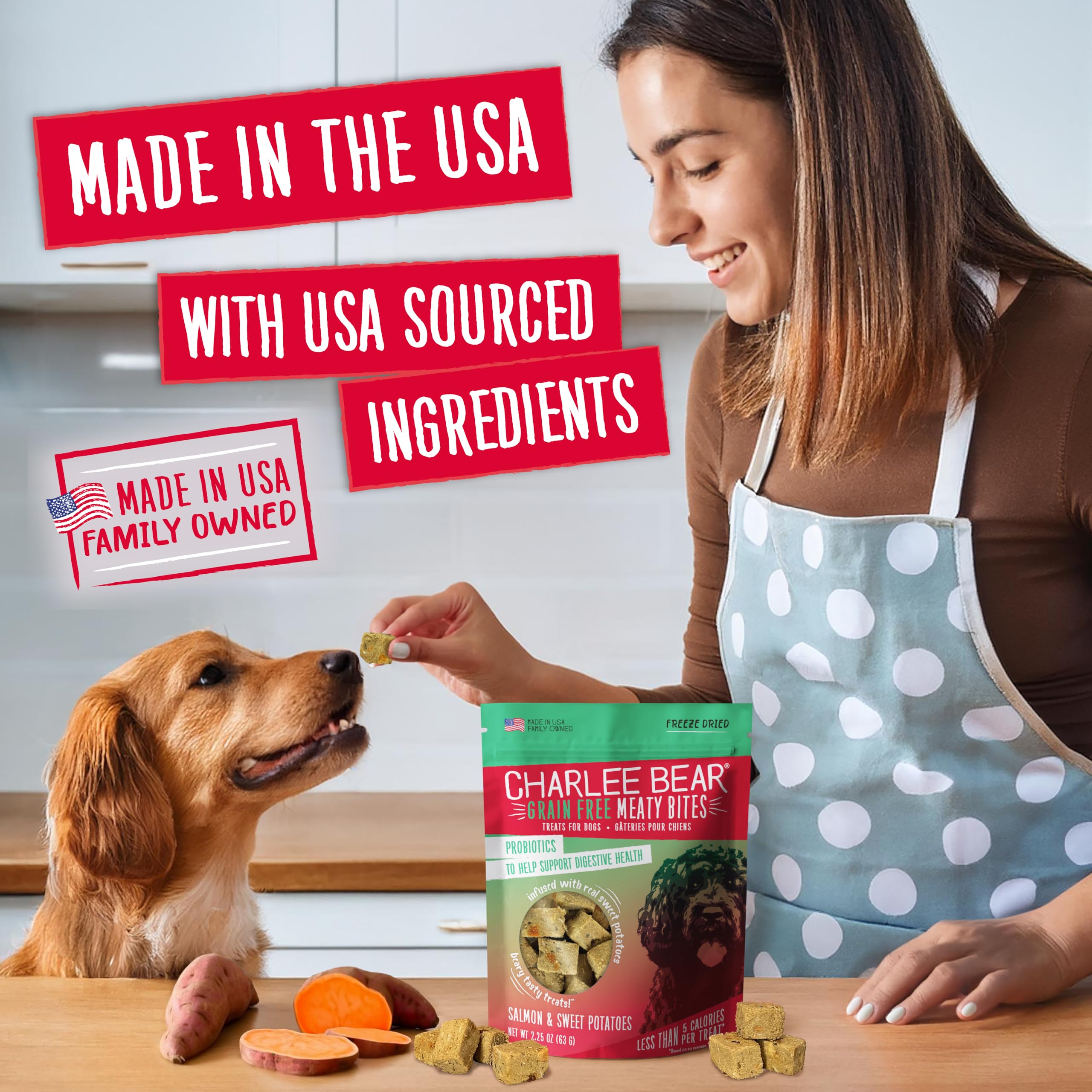 Charlee Bear Grain Free Meaty Bites Freeze Dried Dog Treats, Salmon and Sweet Potato, 2.25 Ounce Resealable Bag, Training Treats