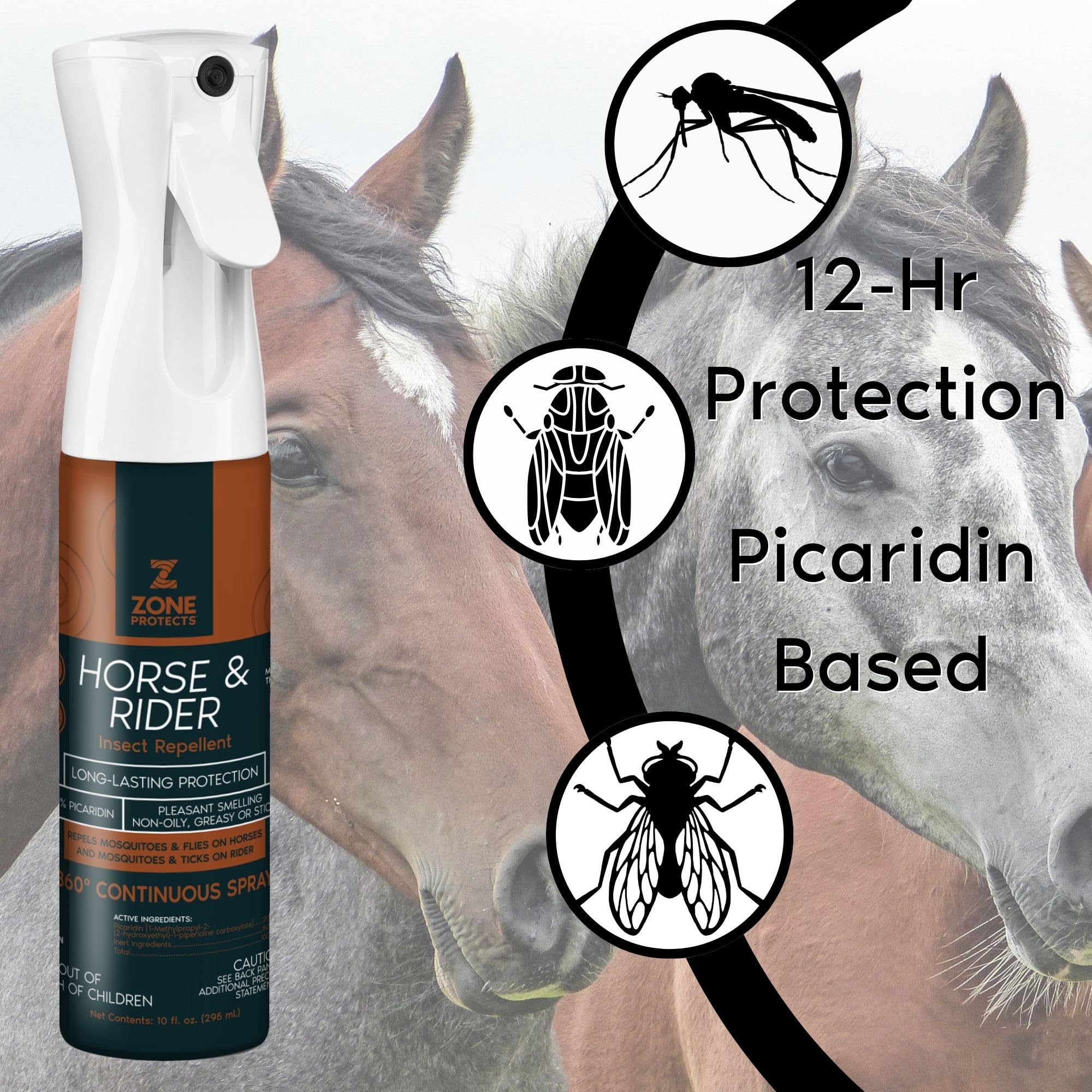 Zone Protects Horse & Rider Insect and Fly Repellent - 10oz Continuous Spray + 8oz Refill Combo, Picaridin-Based, DEET-Free, Per
