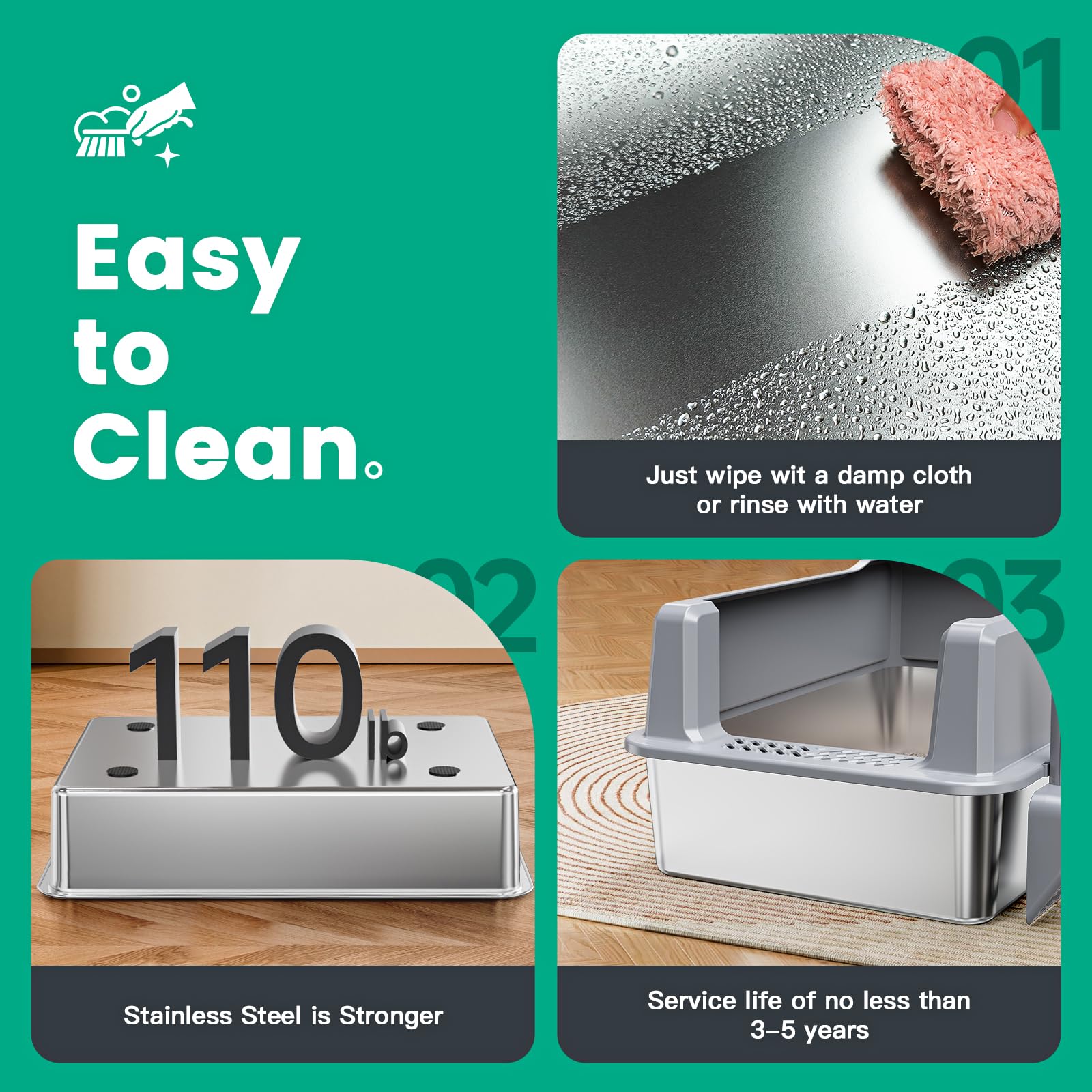 Suitfeel XXL Stainless Steel Cat Litter Box with Lid, Odorless XL Metal Box for Big Cats, Extra Large Kitty Litter Pan, Easy Cle