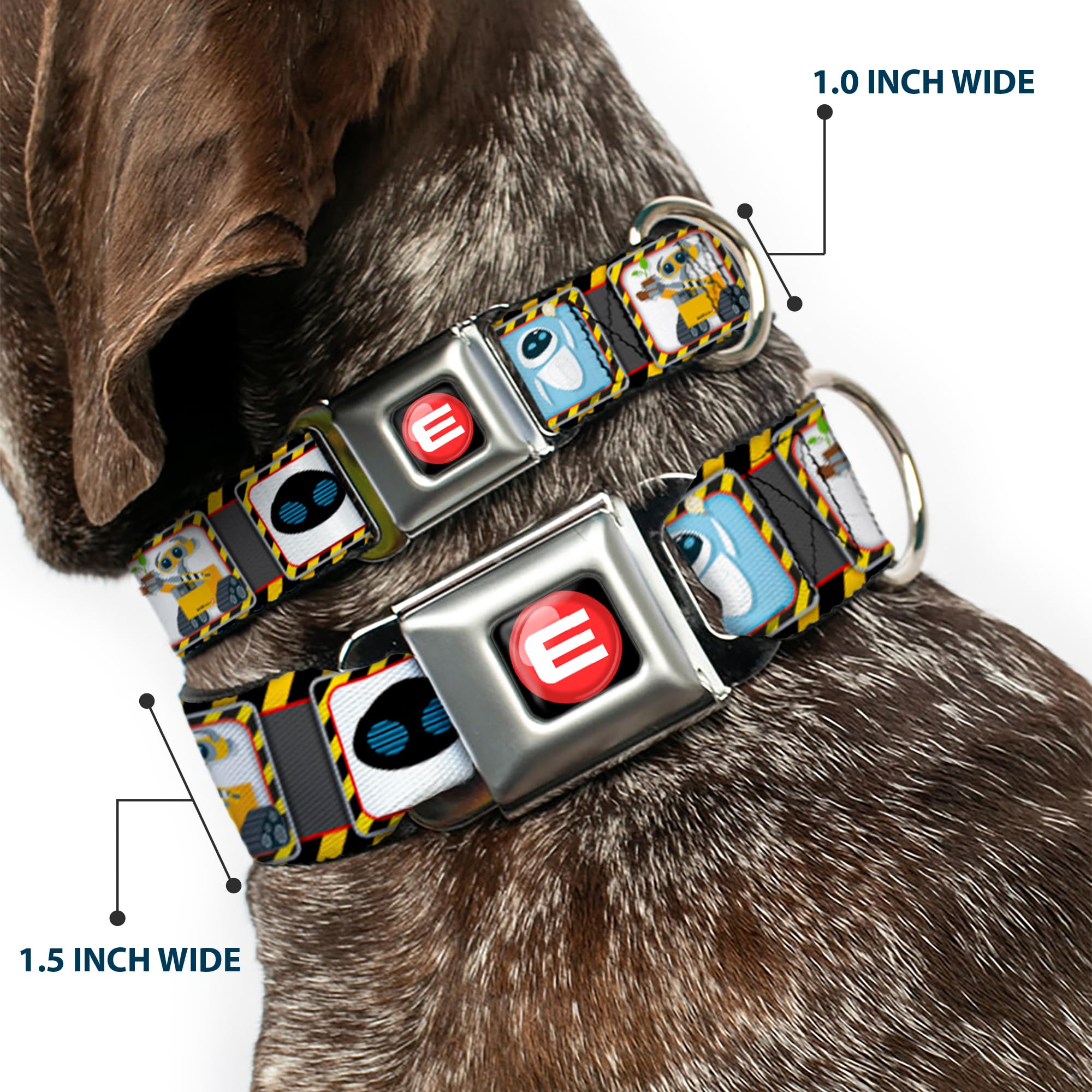 Dog Collar Seatbelt Buckle Wall E Eve Pose Face Hazard Blocks Gray Yellow Black 18 To 32 Inches 1.5 Inch Wide